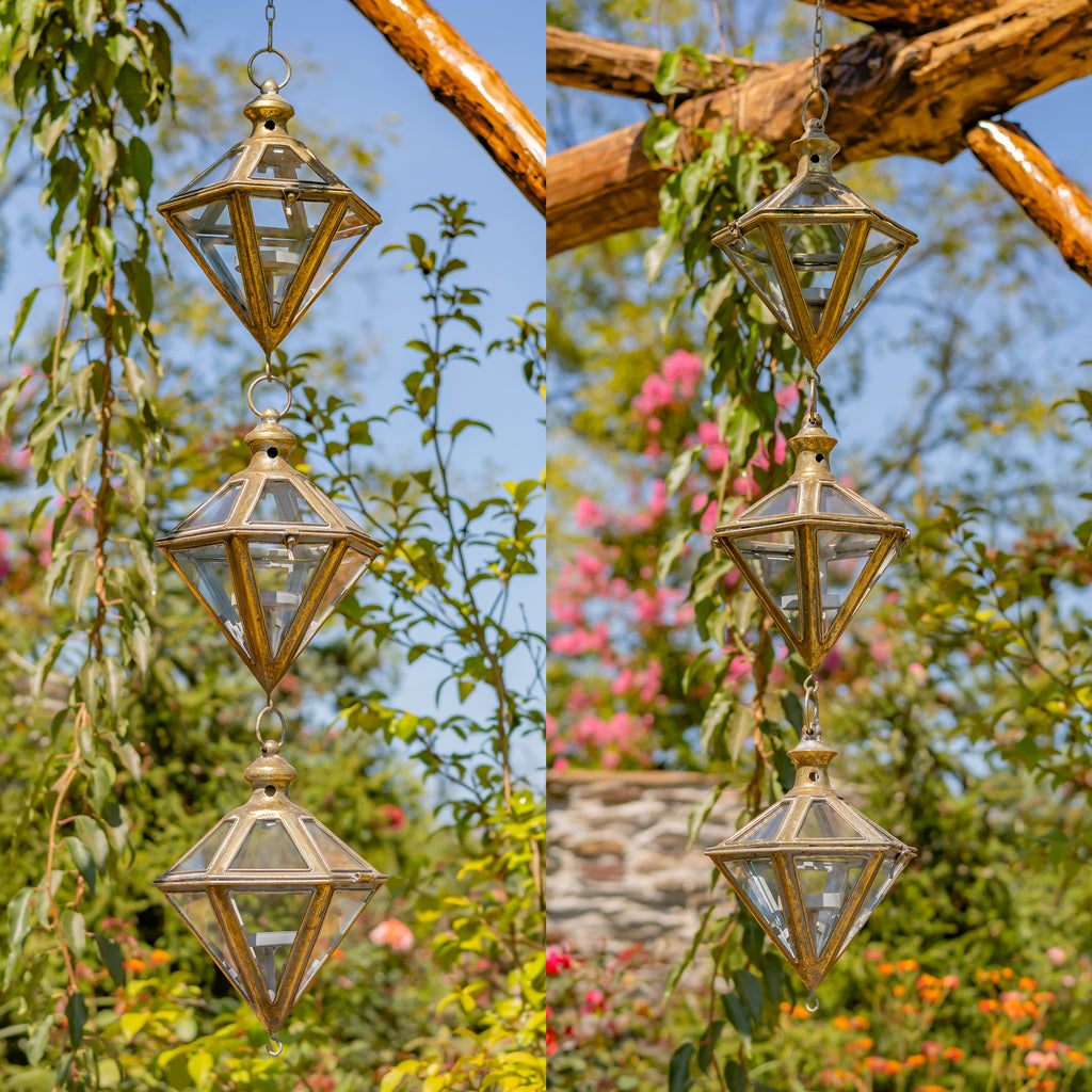 Set of 2 Iron & Glass Hanging 3-Piece Lantern Chain in Frosted Gold "Diamante" Item #: ZR190404-FGS