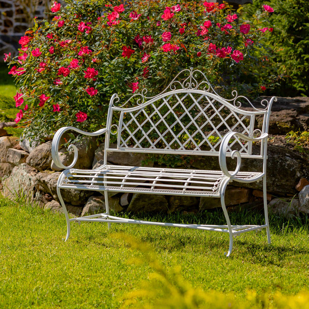 Stephania" Victorian-Style Iron Garden Bench in Antique White