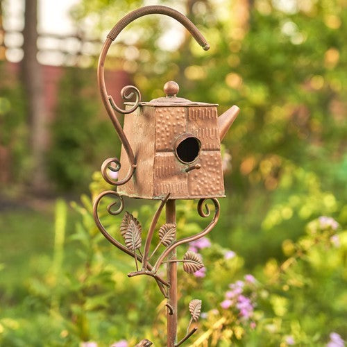 65" Tall Antique Copper Teapot Birdhouse Garden Stake "Square Teapot" Item #: ZR113168-2