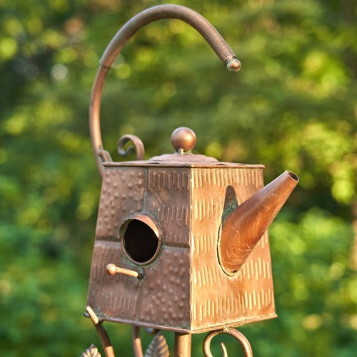 65" Tall Antique Copper Teapot Birdhouse Garden Stake "Square Teapot" Item #: ZR113168-2