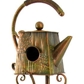 65" Tall Antique Copper Teapot Birdhouse Garden Stake "Square Teapot" Item #: ZR113168-2