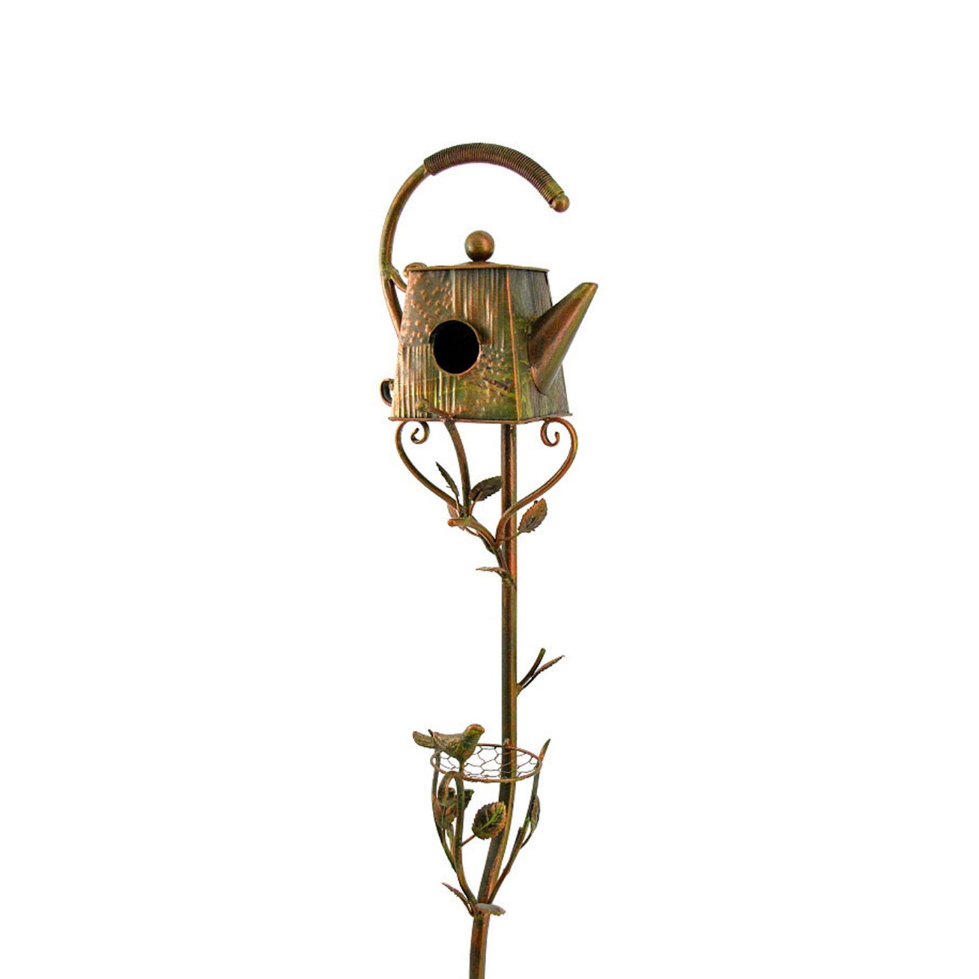 65" Tall Antique Copper Teapot Birdhouse Garden Stake "Square Teapot" Item #: ZR113168-2
