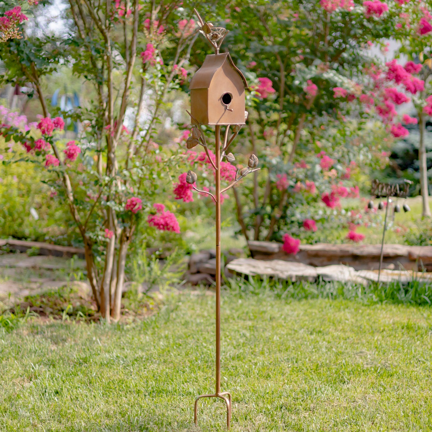 64.5" Tall Antique Copper Finished Iron Birdhouse Stake with Sloped Roof Item #: ZR173714-A