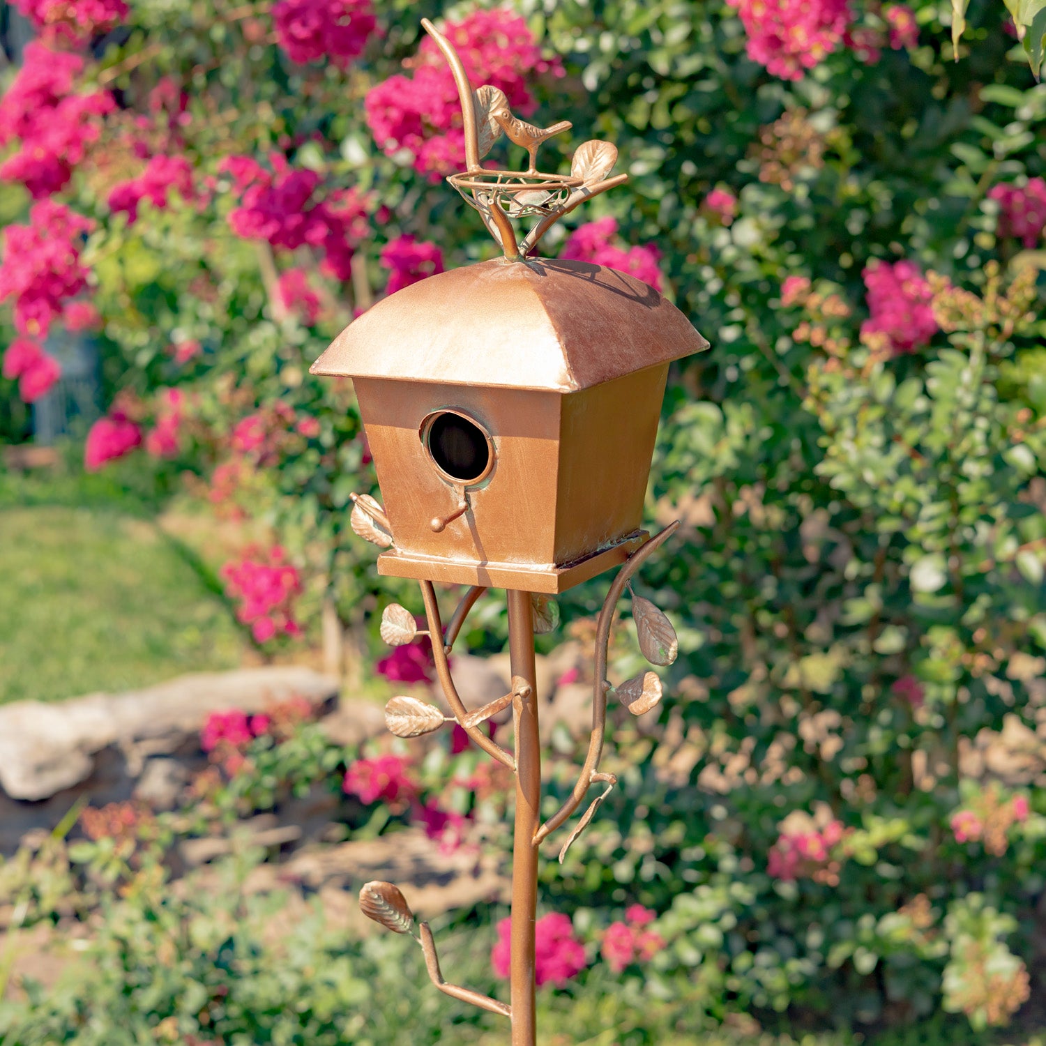 64.75" Tall Antique Copper Finished Iron Birdhouse Stake with Square Roof Item #: ZR173714-B