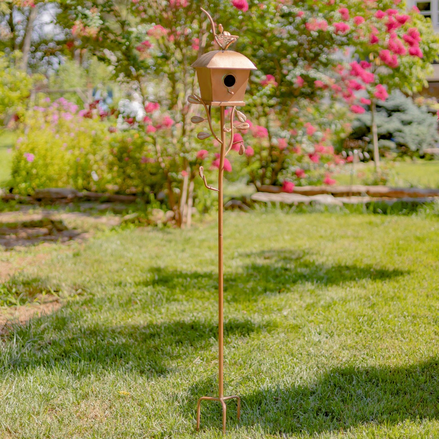 64.75" Tall Antique Copper Finished Iron Birdhouse Stake with Square Roof Item #: ZR173714-B