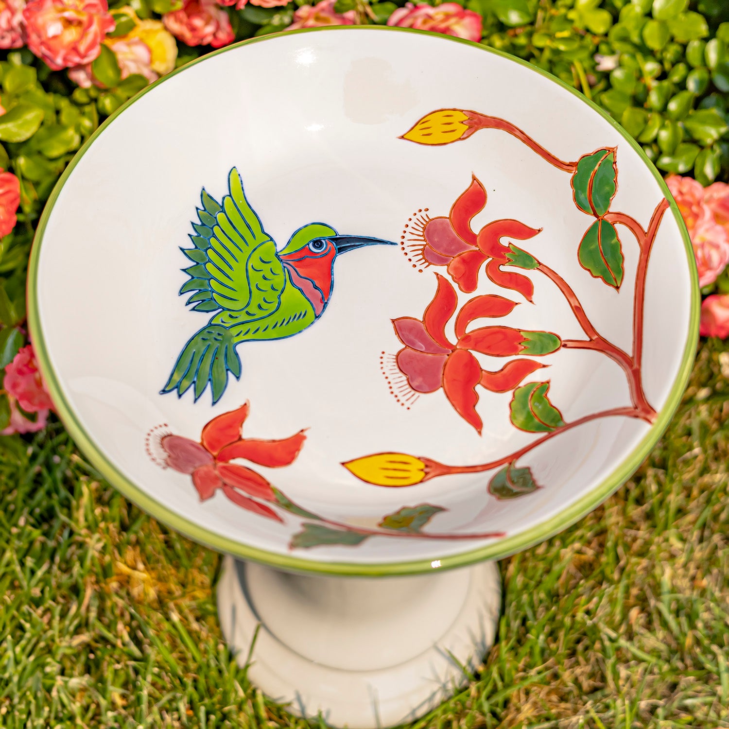 15" Tall Porcelain Birdbath with Hand Painted Hummingbird & Flower "Walela" Item #: ZR188162