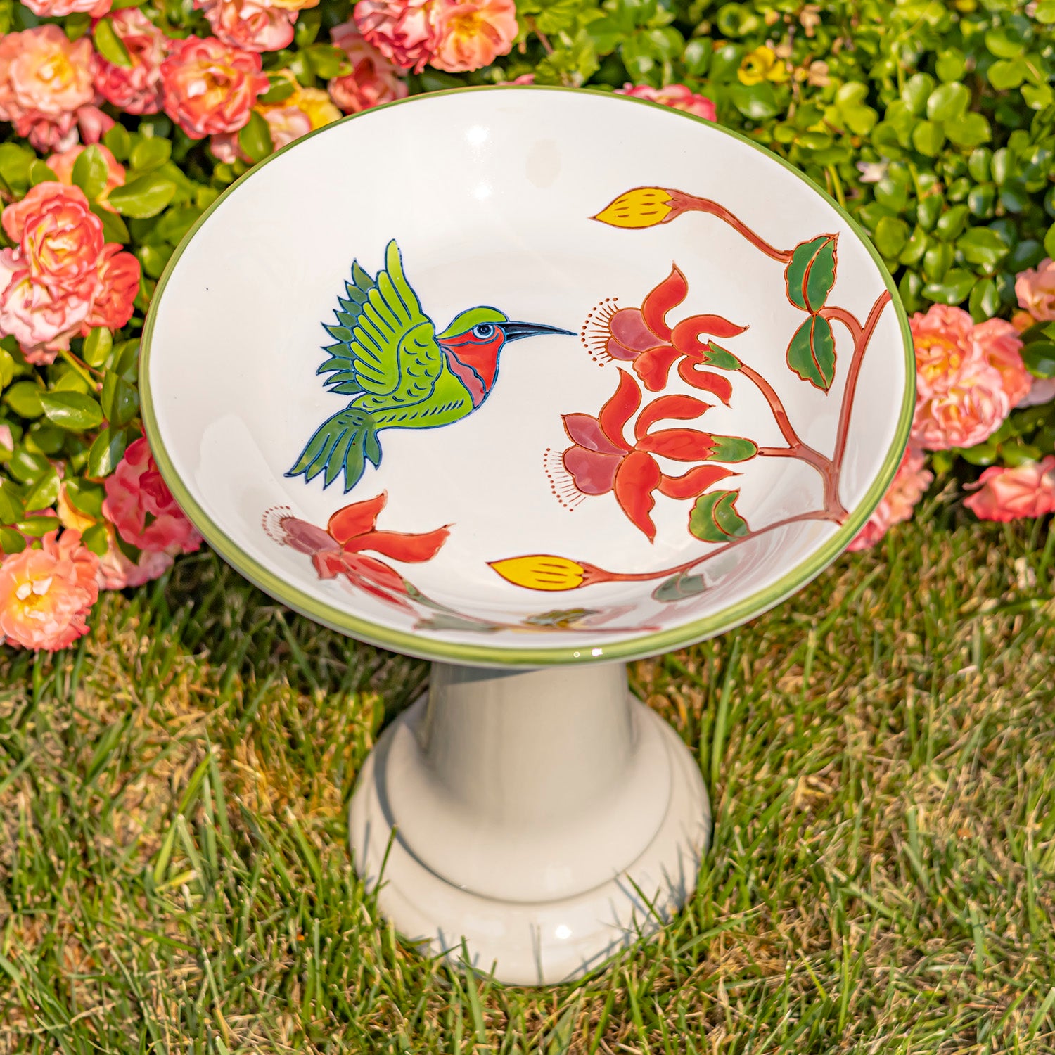 15" Tall Porcelain Birdbath with Hand Painted Hummingbird & Flower "Walela" Item #: ZR188162