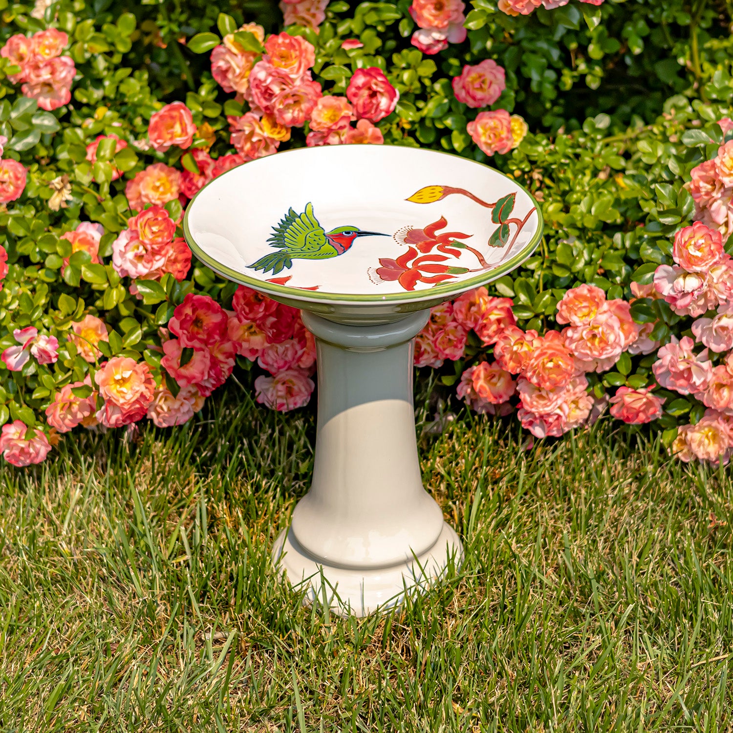 15" Tall Porcelain Birdbath with Hand Painted Hummingbird & Flower "Walela" Item #: ZR188162