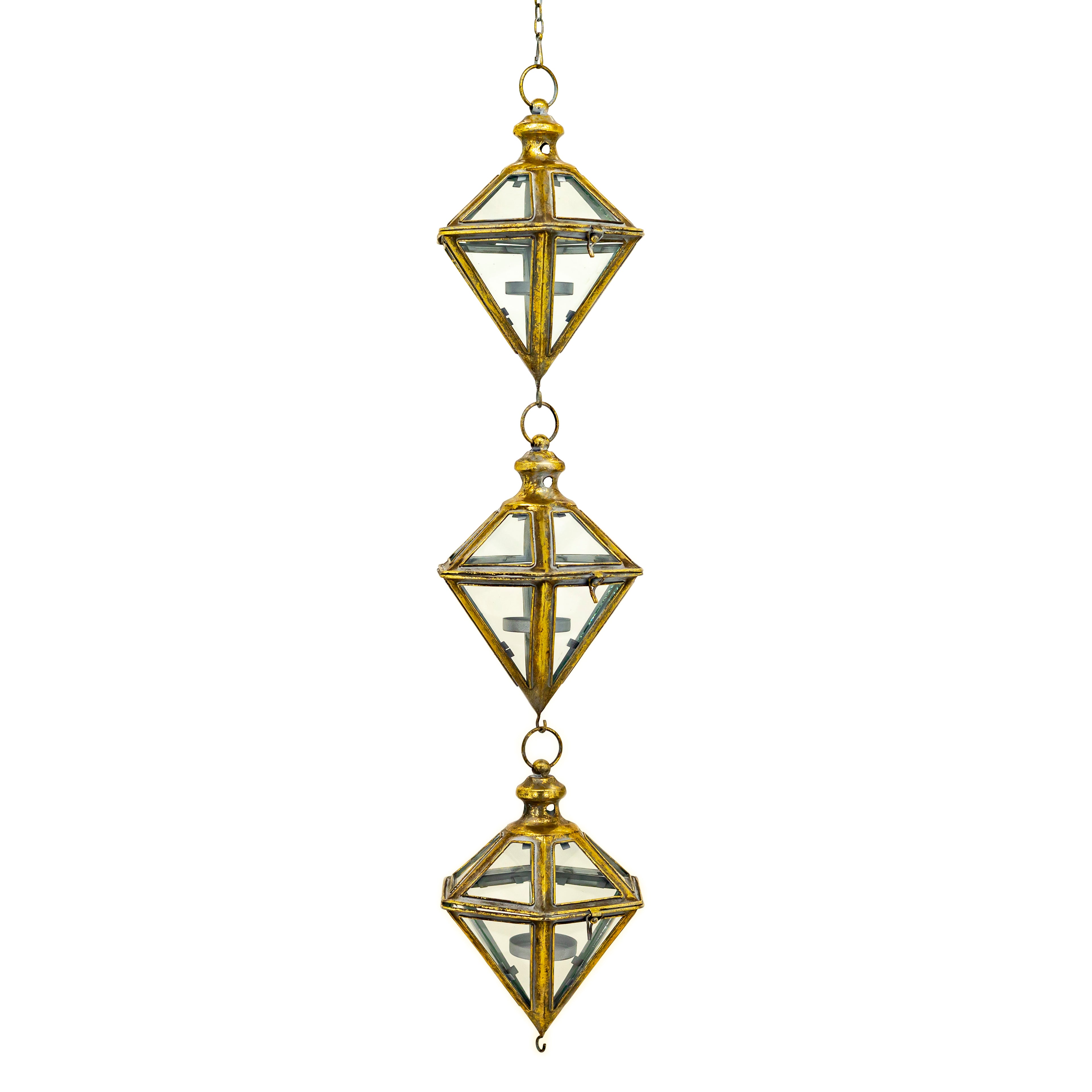Set of 2 Iron & Glass Hanging 3-Piece Lantern Chain in Frosted Gold "Diamante" Item #: ZR190404-FGS