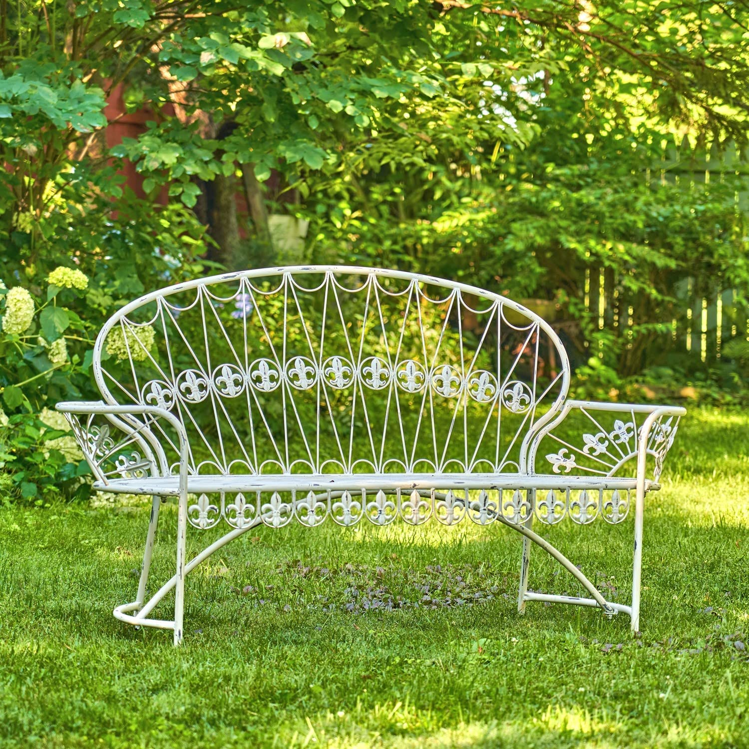 "La Rochelle - Paris 1968" Iron Garden Bench with Curved Back in Antique White Item #: ZR191170-AW