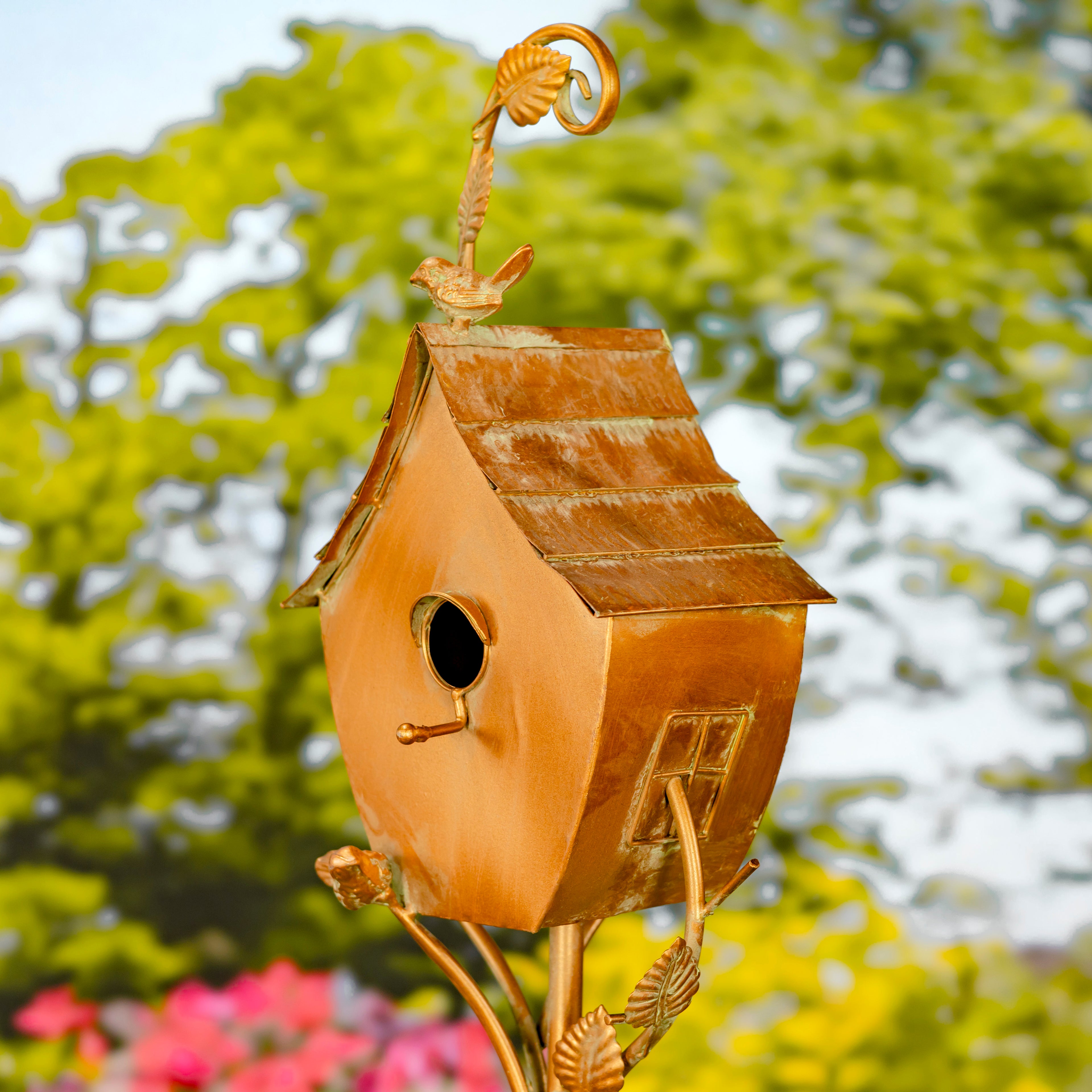 69" Tall Antique Copper Saran Birdhouse Stake "Sheila" Item #: ZR192025-D