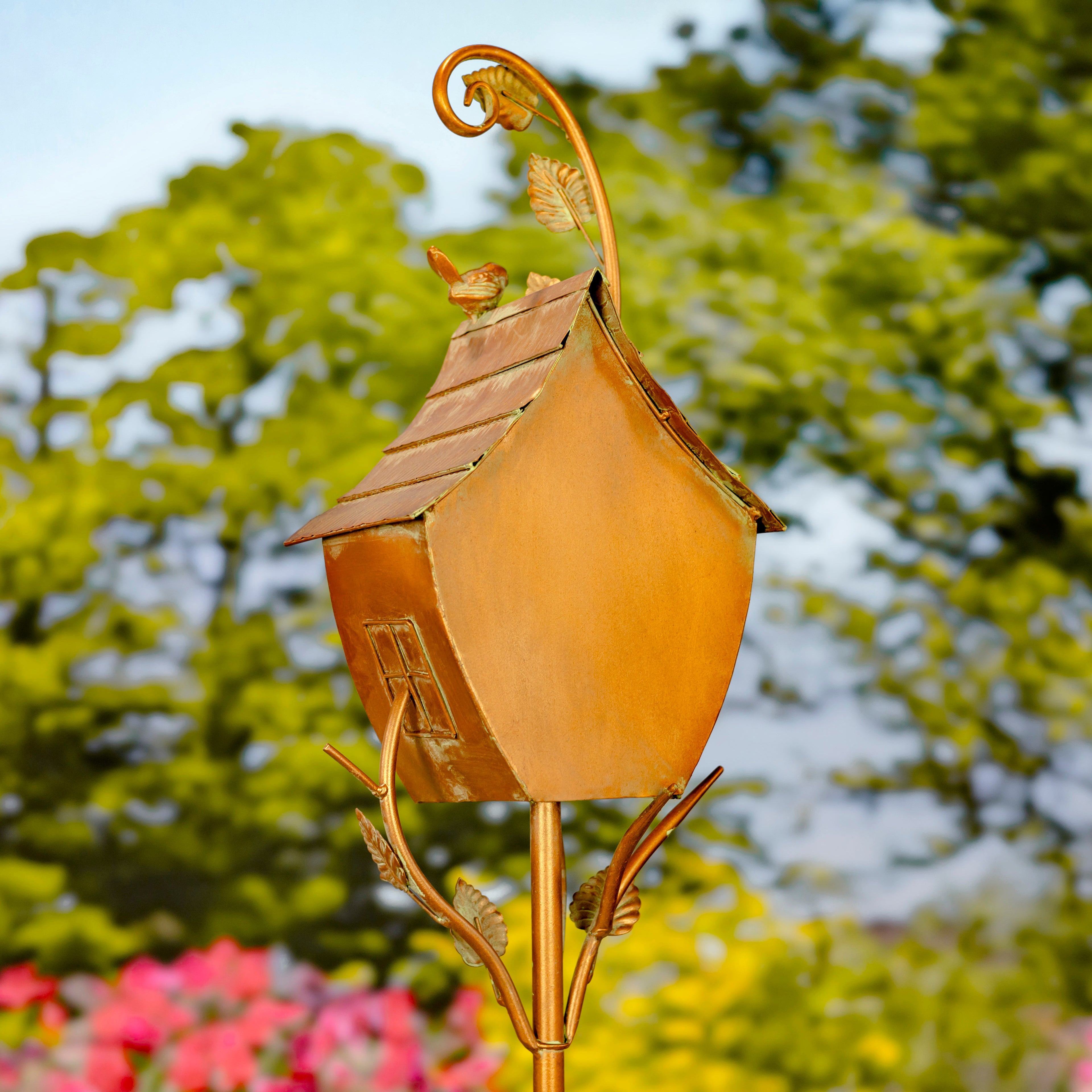 69" Tall Antique Copper Saran Birdhouse Stake "Sheila" Item #: ZR192025-D