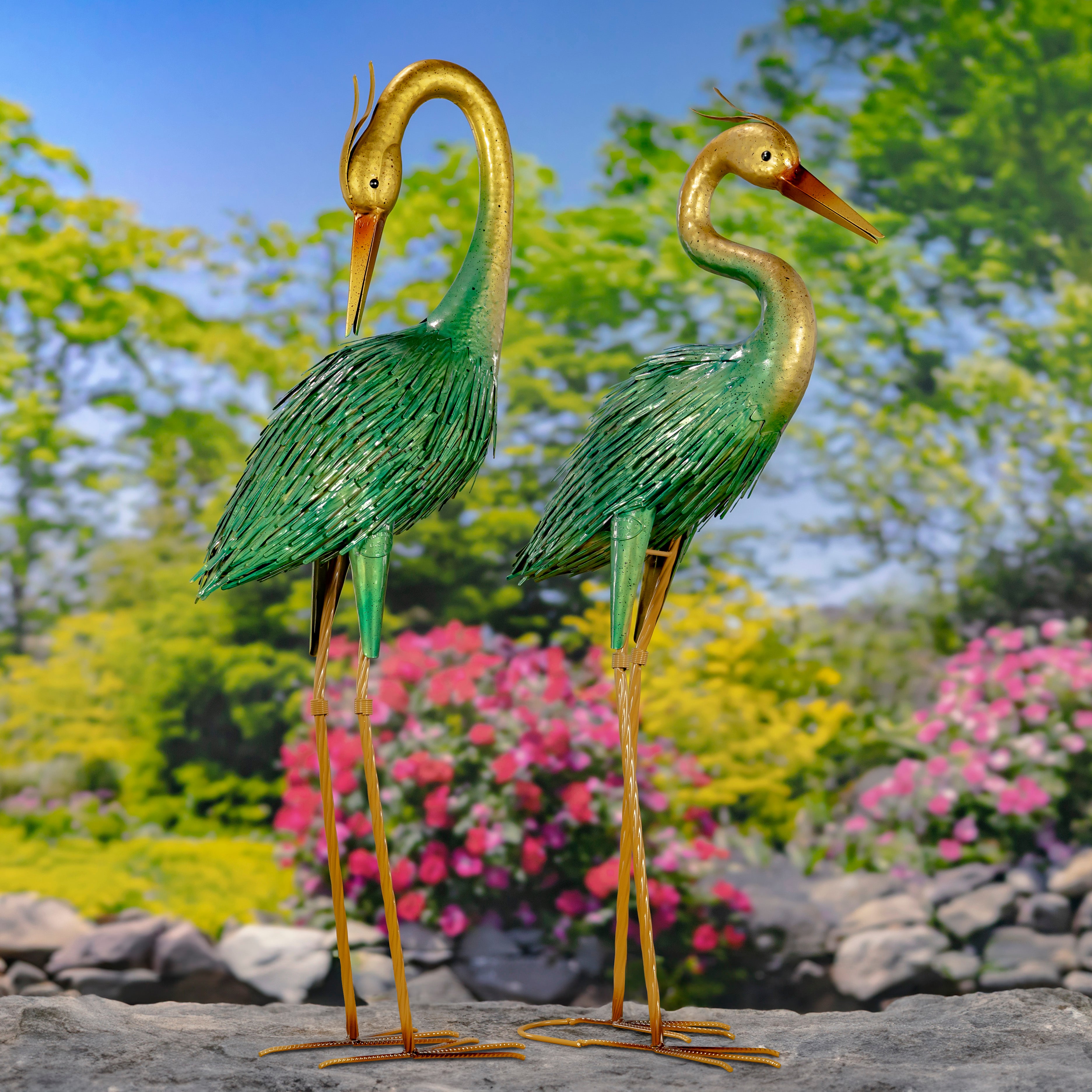 Set of Two 41" Tall Stylized Metallic Heron Garden Figurines with Gold Heads