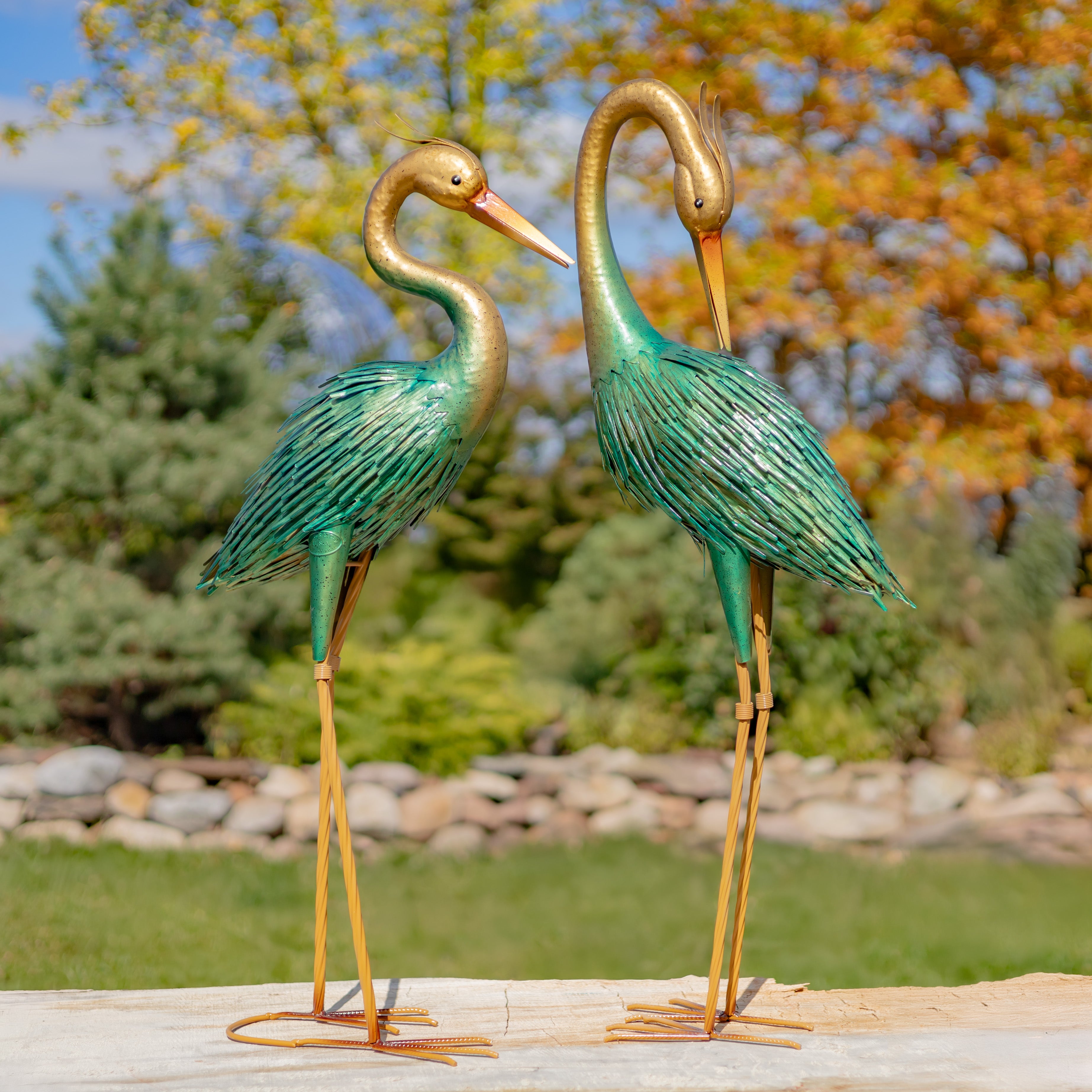Set of Two 41" Tall Stylized Metallic Heron Garden Figurines with Gold Heads