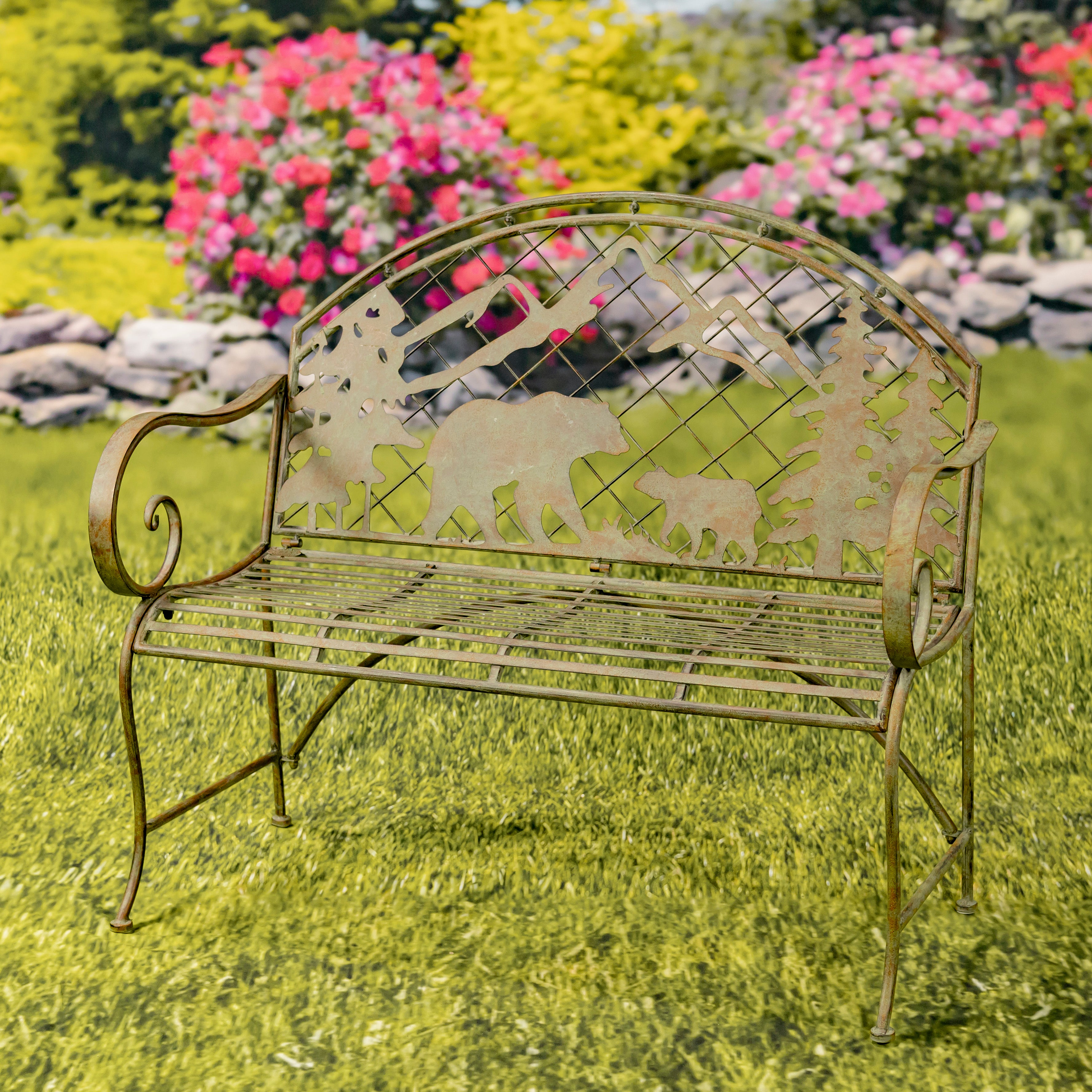 Round Top Bench with Grizzly Bear & Mountain Silhouette "Yellowstone" Item #: ZR220862-GR