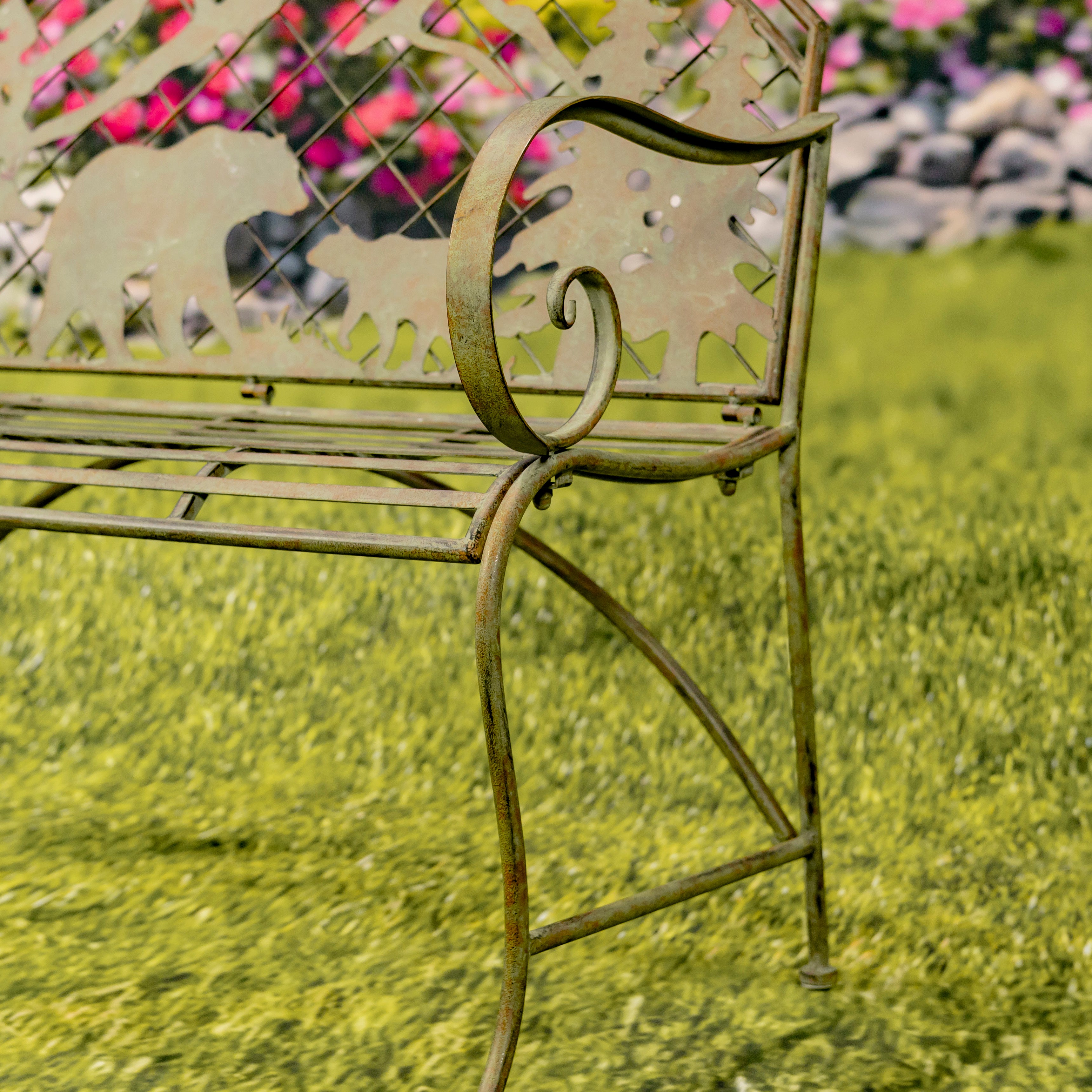 Round Top Bench with Grizzly Bear & Mountain Silhouette "Yellowstone" Item #: ZR220862-GR