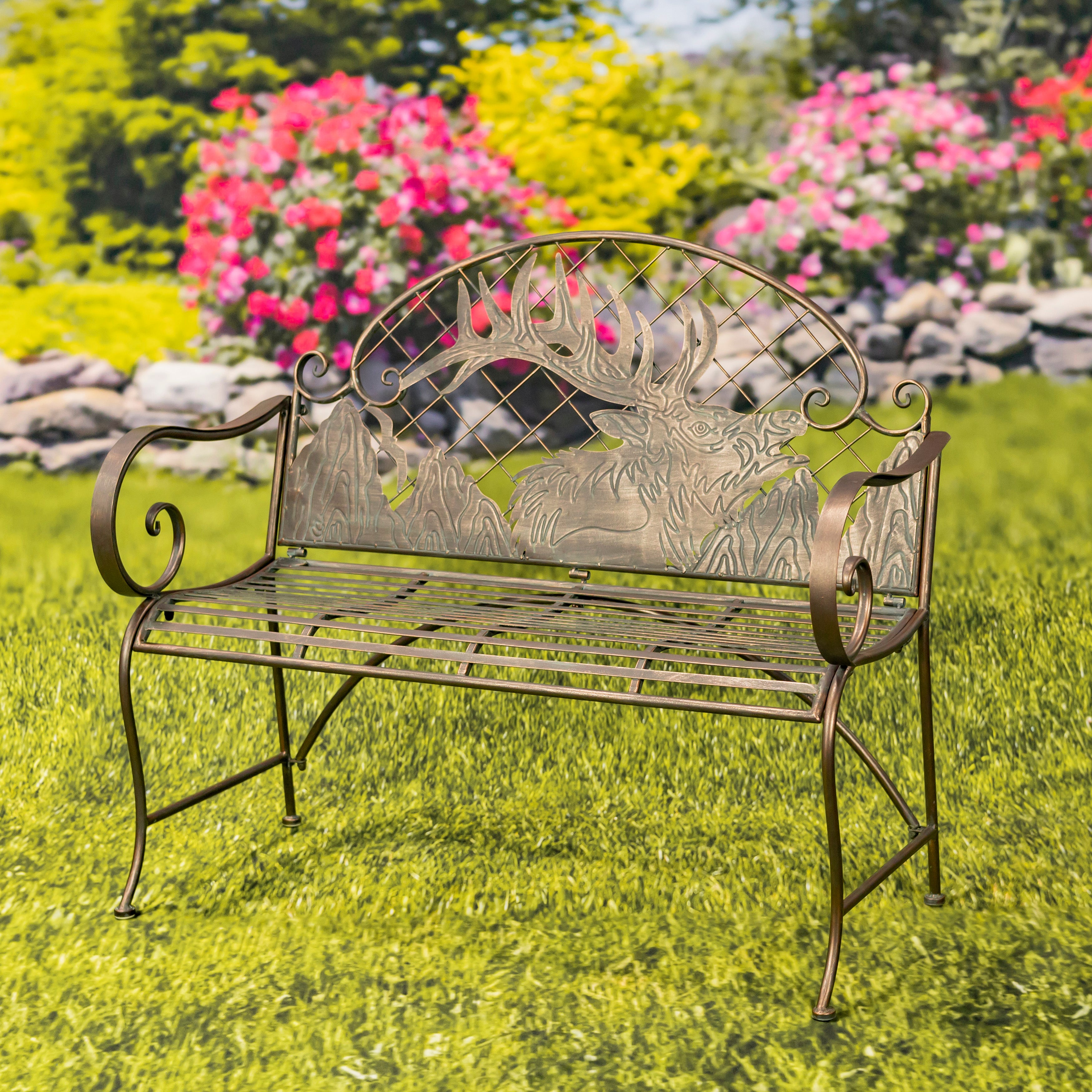 Round Top Iron Garden Bench with Caribou Backrest "Selkirk" Item #: ZR220863-BZ