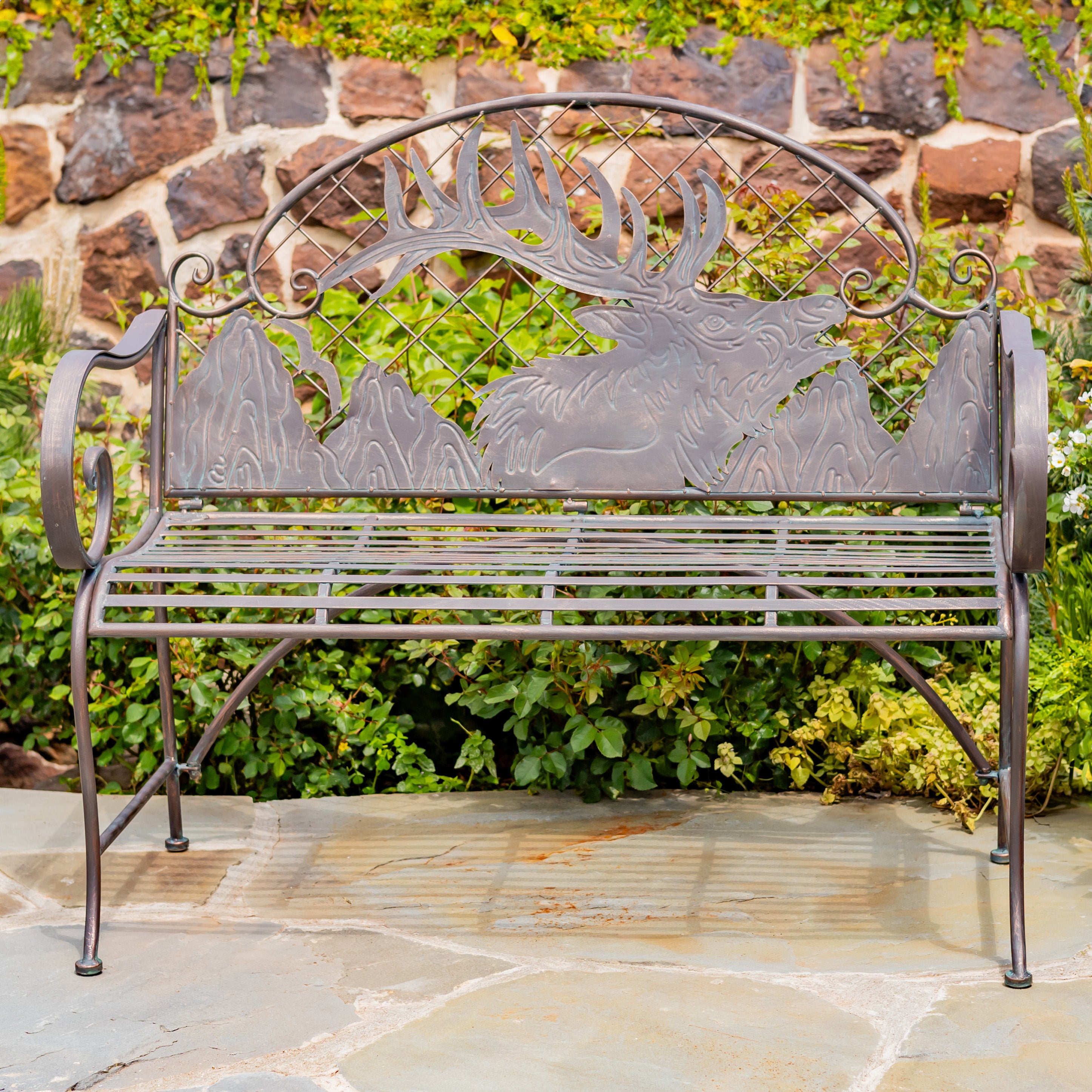 Round Top Iron Garden Bench with Caribou Backrest "Selkirk" Item #: ZR220863-BZ