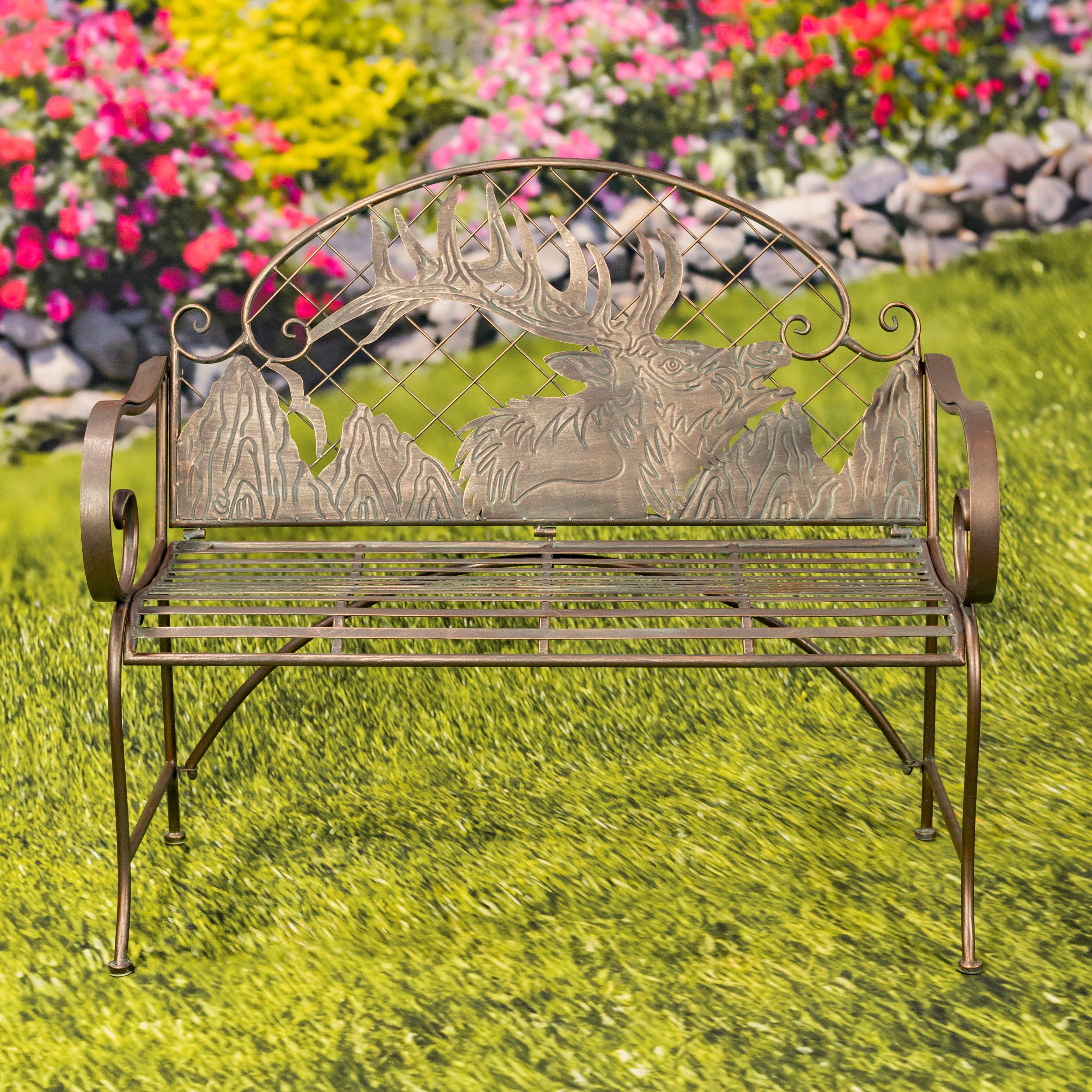 Round Top Iron Garden Bench with Caribou Backrest "Selkirk" Item #: ZR220863-BZ