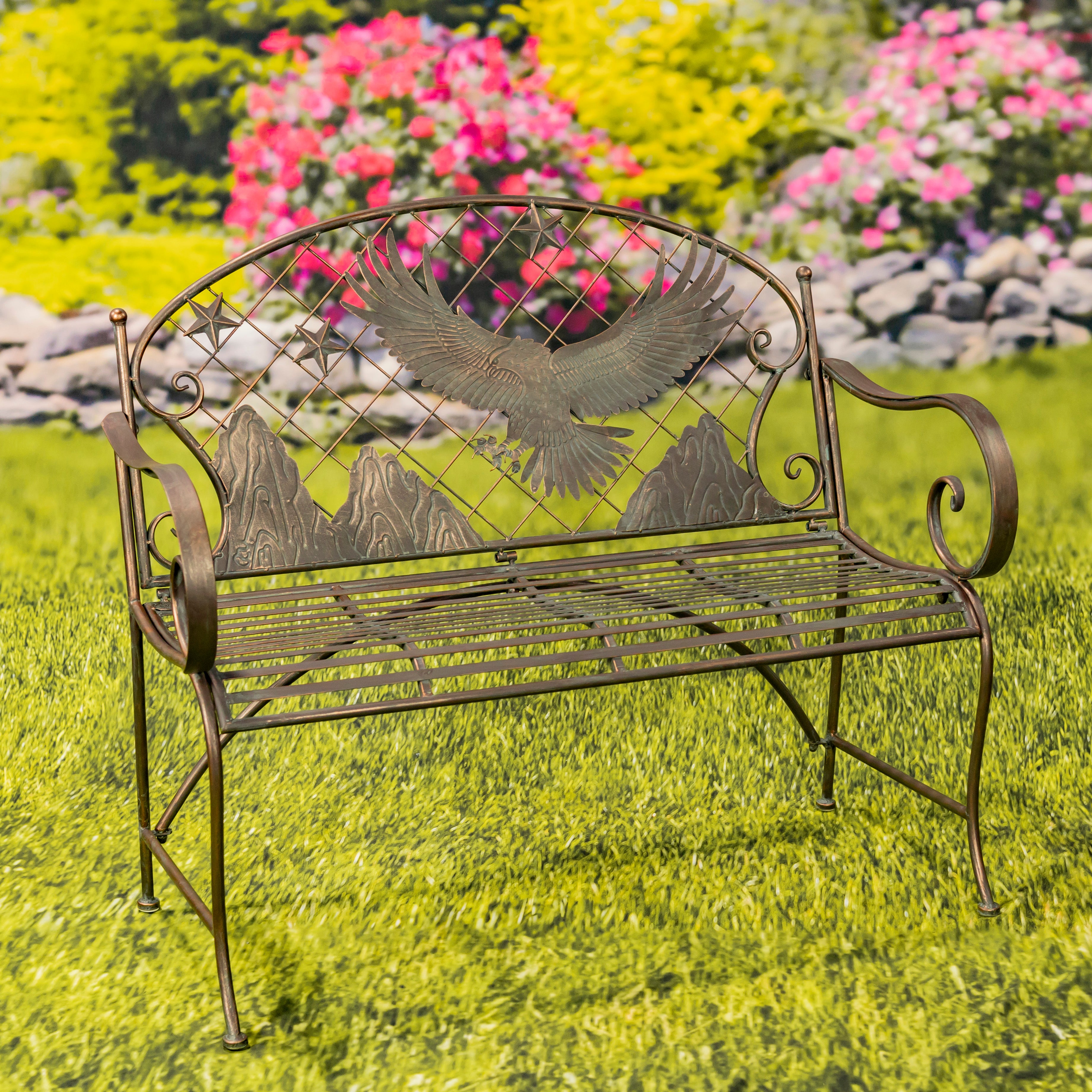 Round Top Iron Garden Bench with Flying Eagle Backrest "Klamath" Item #: ZR220864-BZ