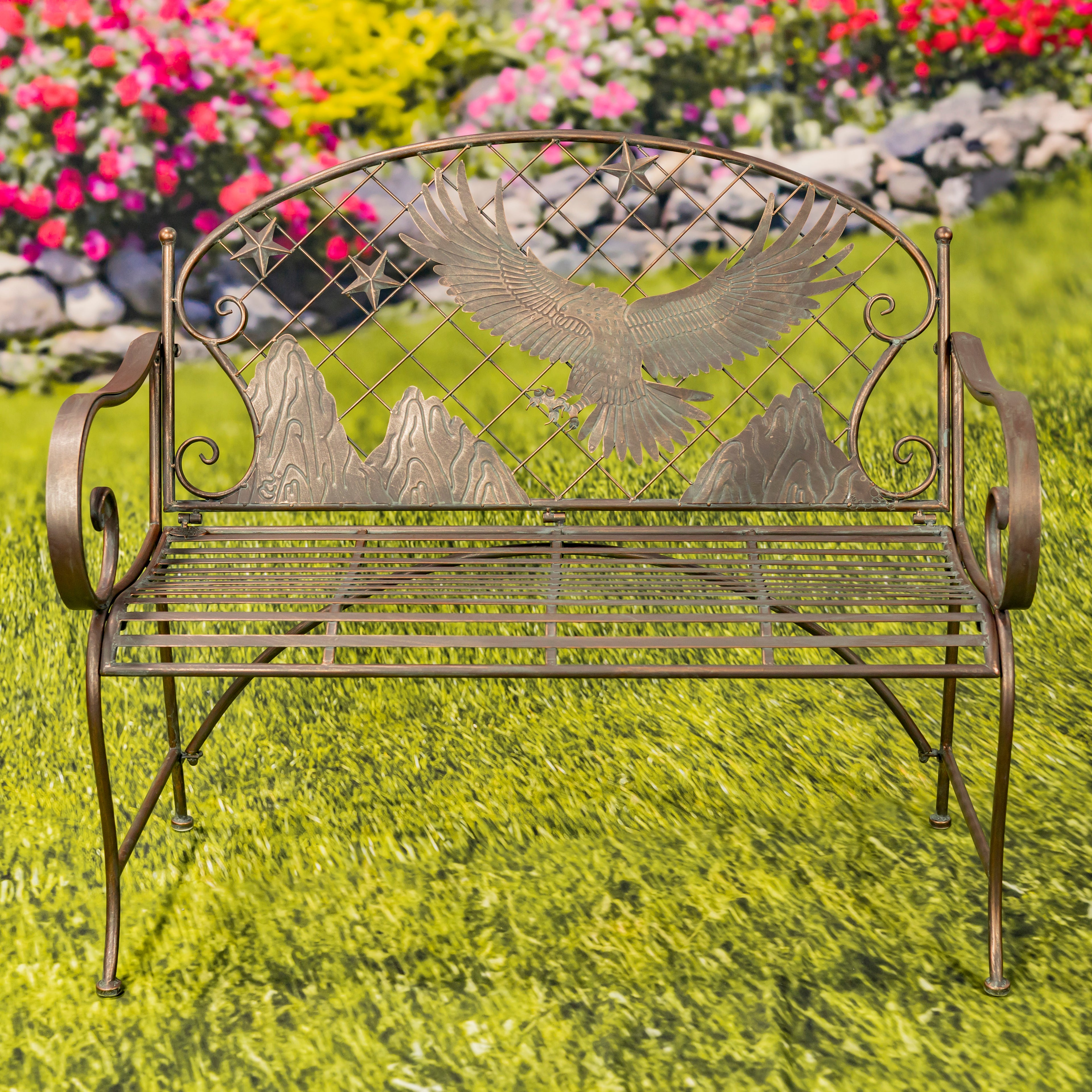 Round Top Iron Garden Bench with Flying Eagle Backrest "Klamath" Item #: ZR220864-BZ