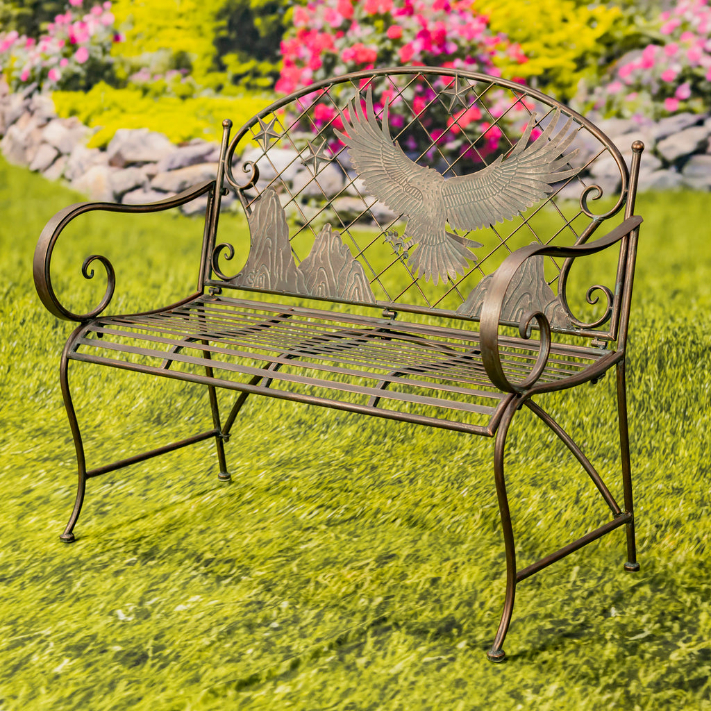 Round Top Iron Garden Bench with Flying Eagle Backrest "Klamath" Item #: ZR220864-BZ