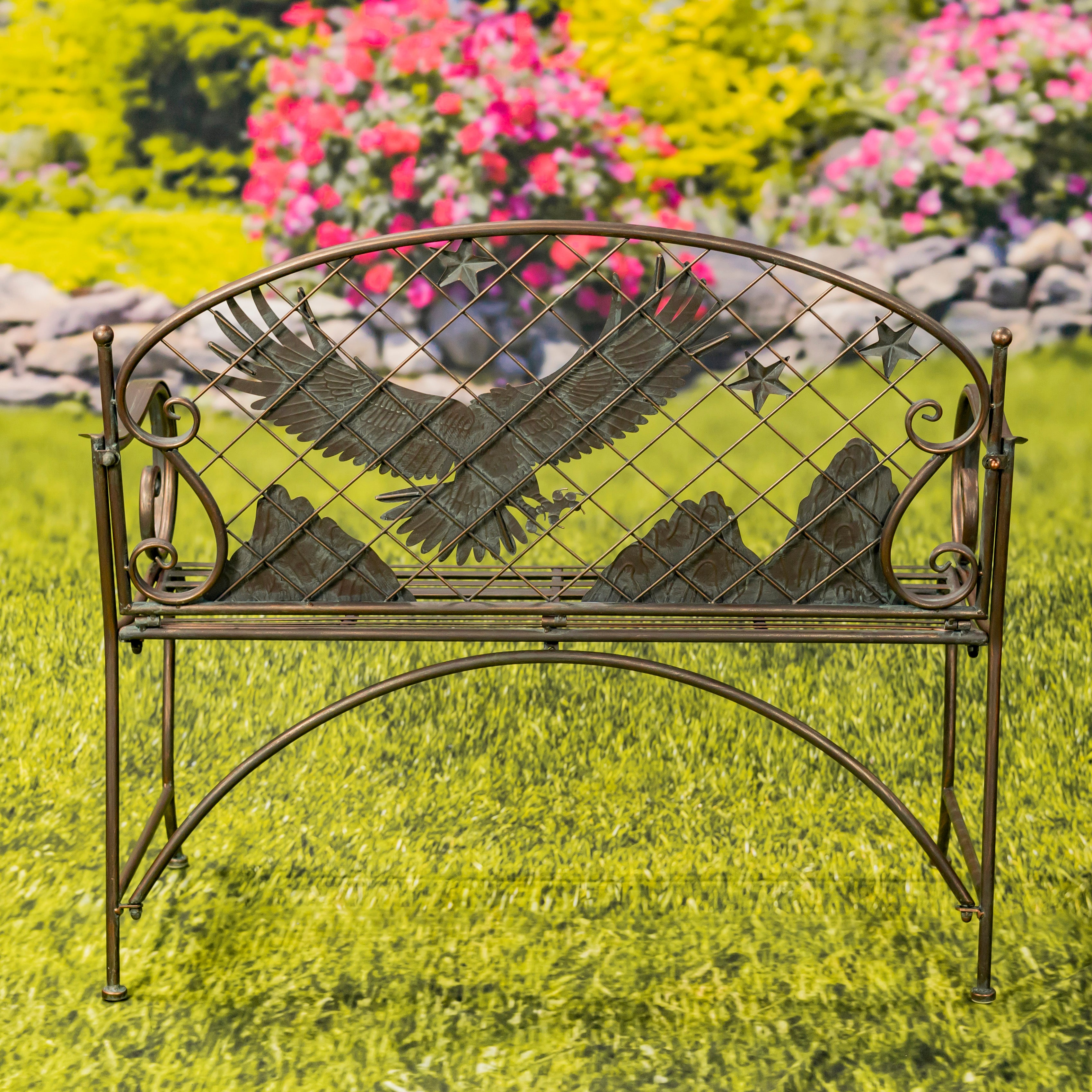 Round Top Iron Garden Bench with Flying Eagle Backrest "Klamath" Item #: ZR220864-BZ