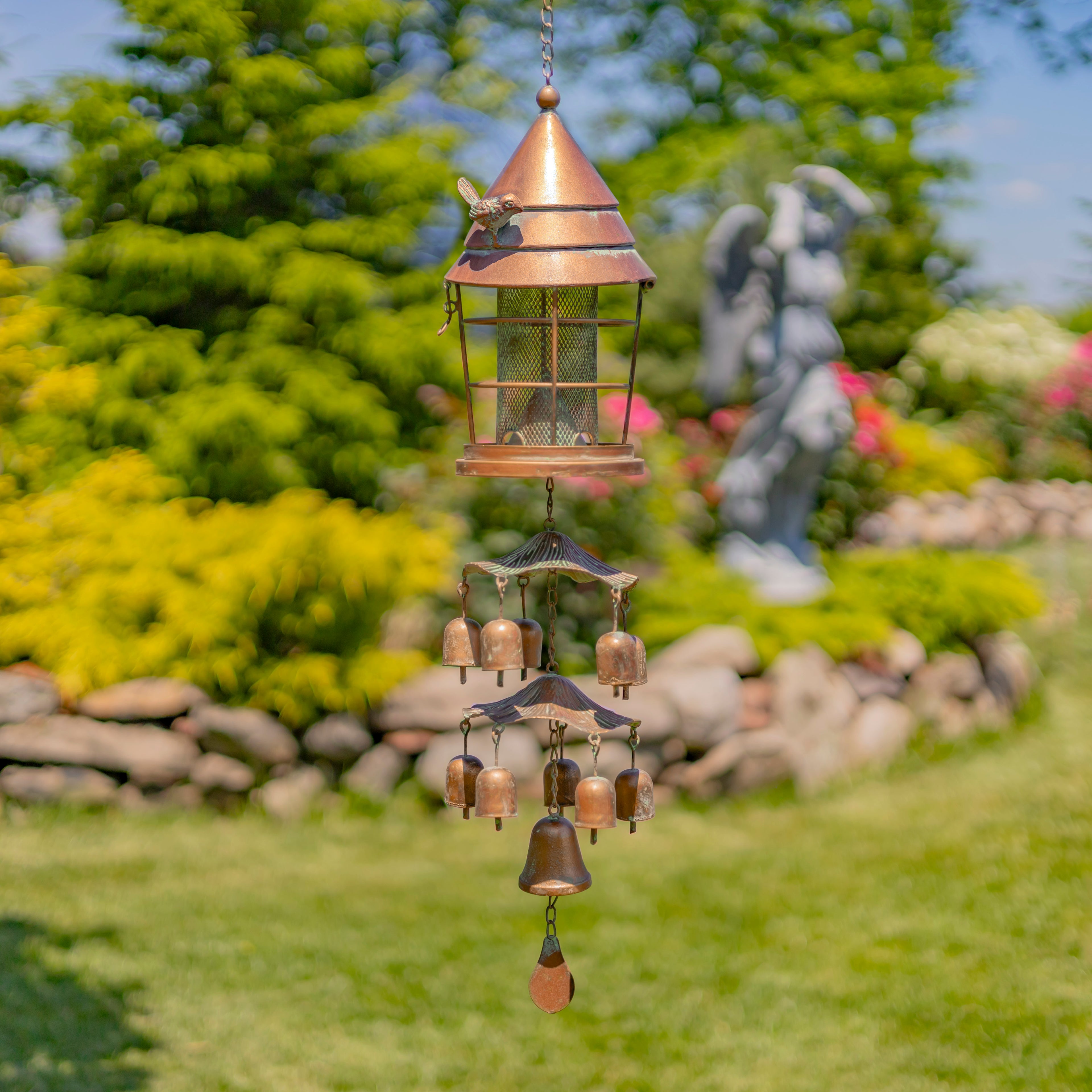 43" Long Hanging Lantern Shaped Iron Birdfeeder with Toadstool & Bell Accents Item #: ZR235183