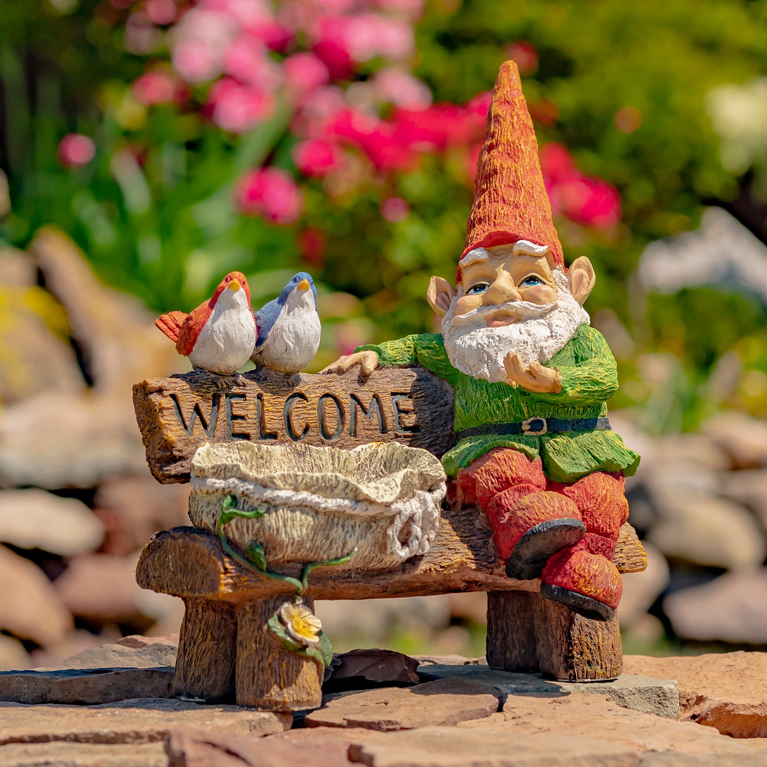 15.35" Tall Spring Garden Gnome with Welcome Sign, Birds and Birdbath Item #: ZR244715