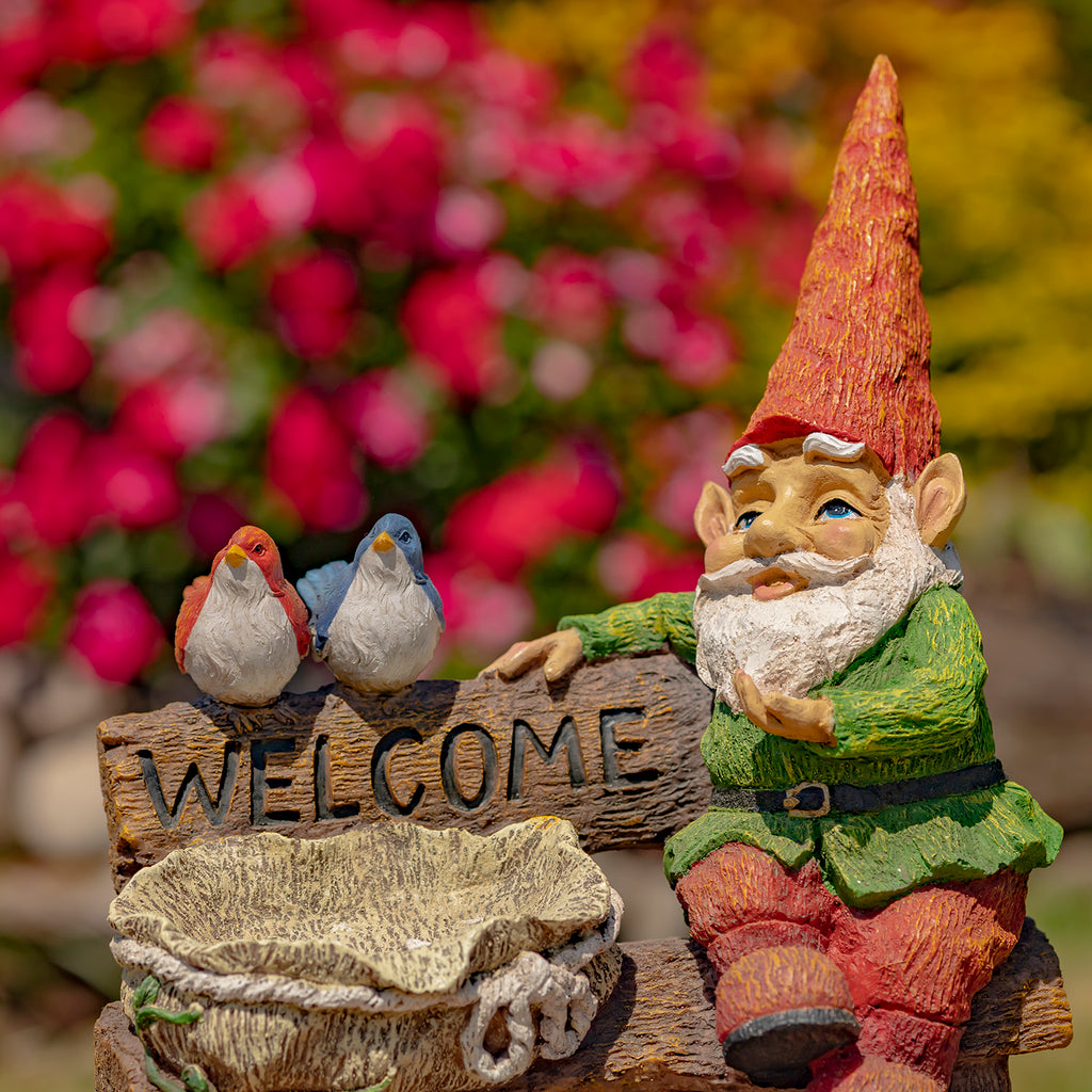 15.35" Tall Spring Garden Gnome with Welcome Sign, Birds and Birdbath Item #: ZR244715