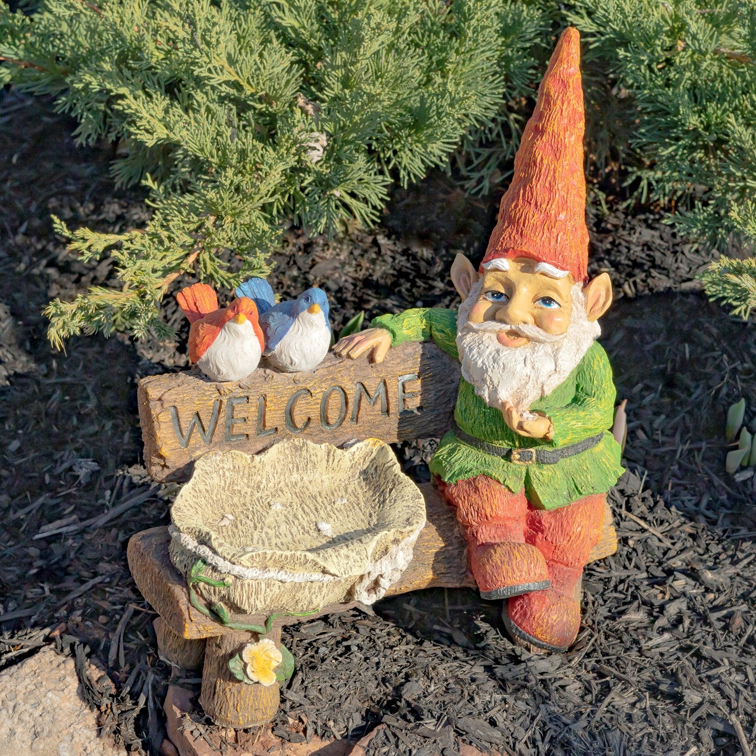 15.35" Tall Spring Garden Gnome with Welcome Sign, Birds and Birdbath Item #: ZR244715