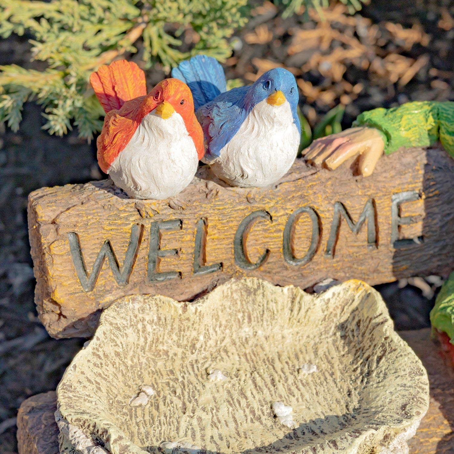 15.35" Tall Spring Garden Gnome with Welcome Sign, Birds and Birdbath Item #: ZR244715