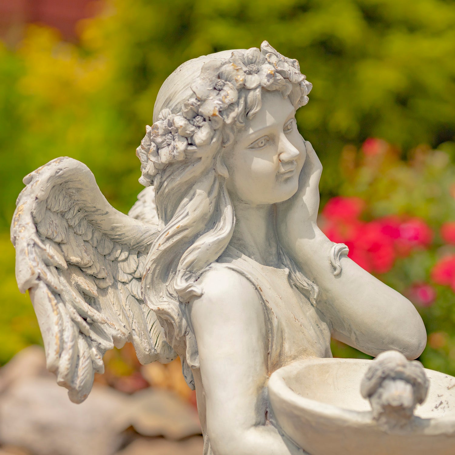39" Tall Magnesium Angel Statue with Birdbath in Antique White "Jazmin" Item #: ZR341439-AW
