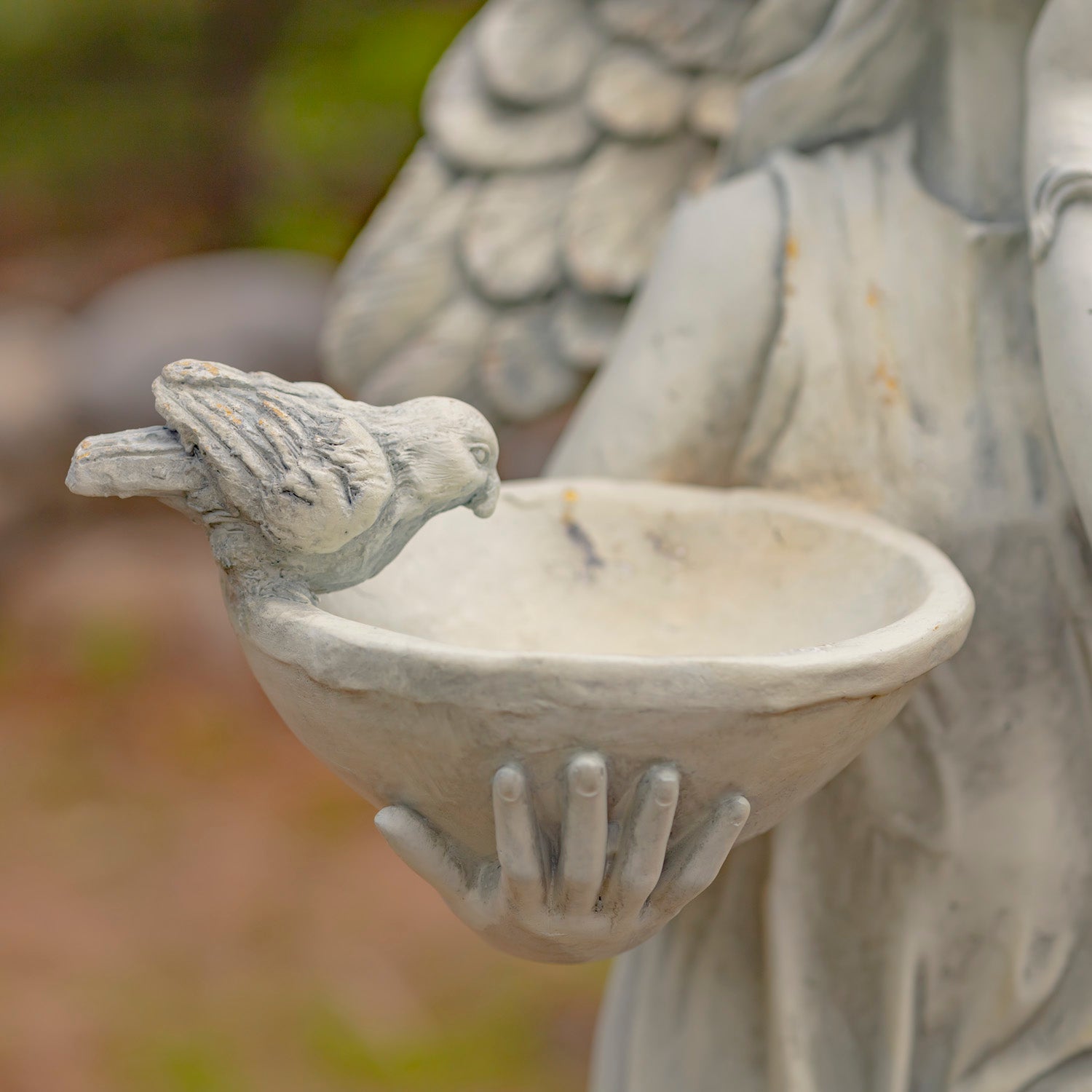 39" Tall Magnesium Angel Statue with Birdbath in Antique White "Jazmin" Item #: ZR341439-AW