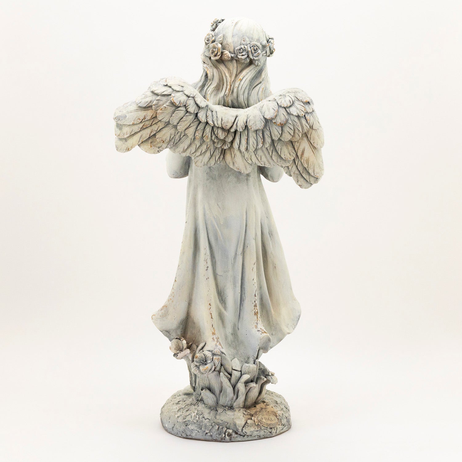 39" Tall Magnesium Angel Statue with Birdbath in Antique White "Jazmin" Item #: ZR341439-AW