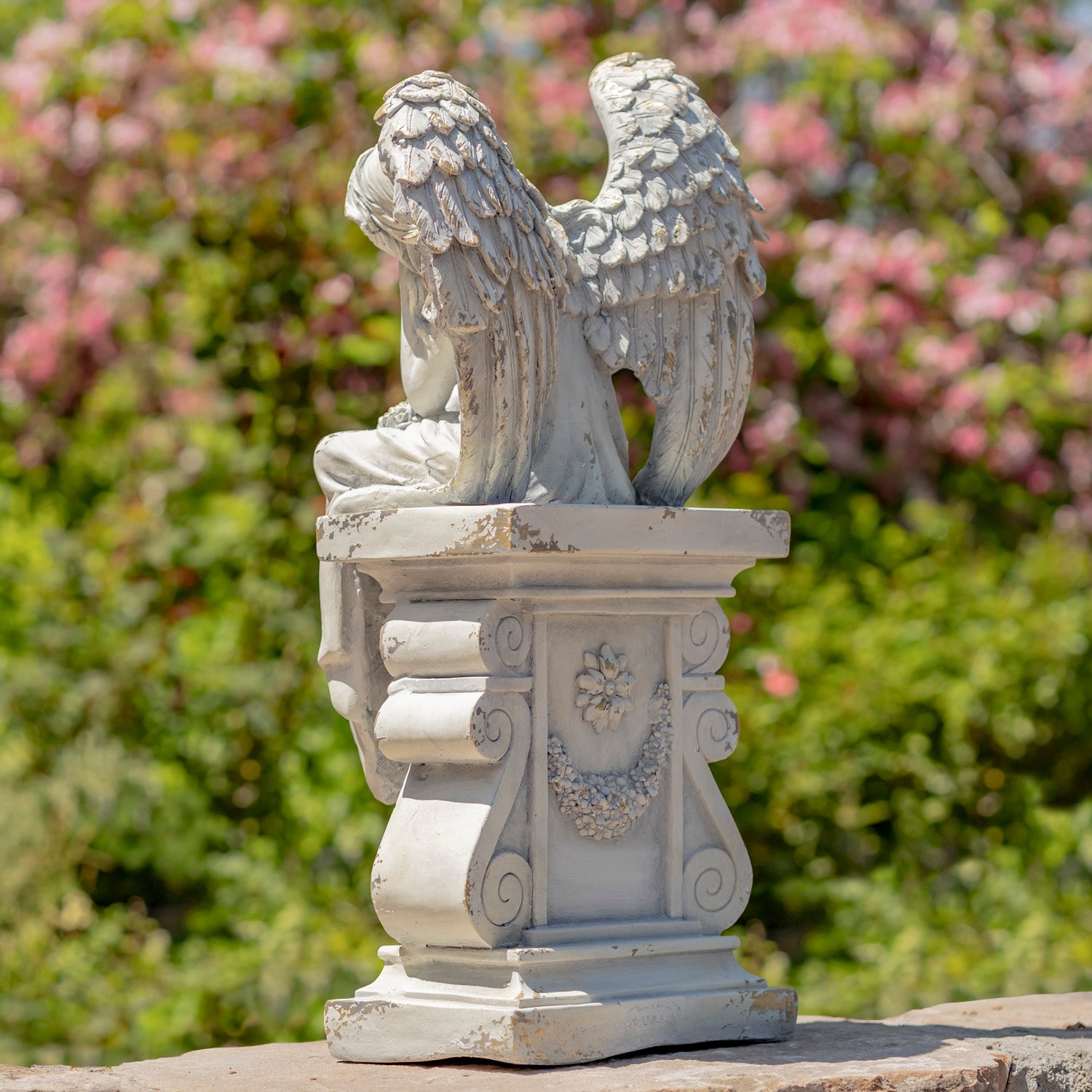 30.7" Tall Magnesium Angel Statue Sitting on Pillar in Ant. Grey "Nicole Alyse" Item #: ZR342922-GY