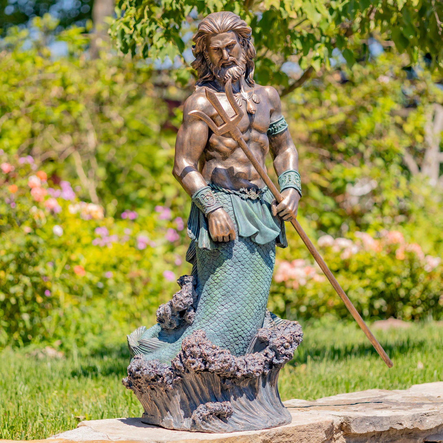 50" Tall Magnesium Merman Garden Statue Holding Trident in Ant. Bronze "Roberto" Item #: ZR343149-BZ/ Item #:ZR343149-GY