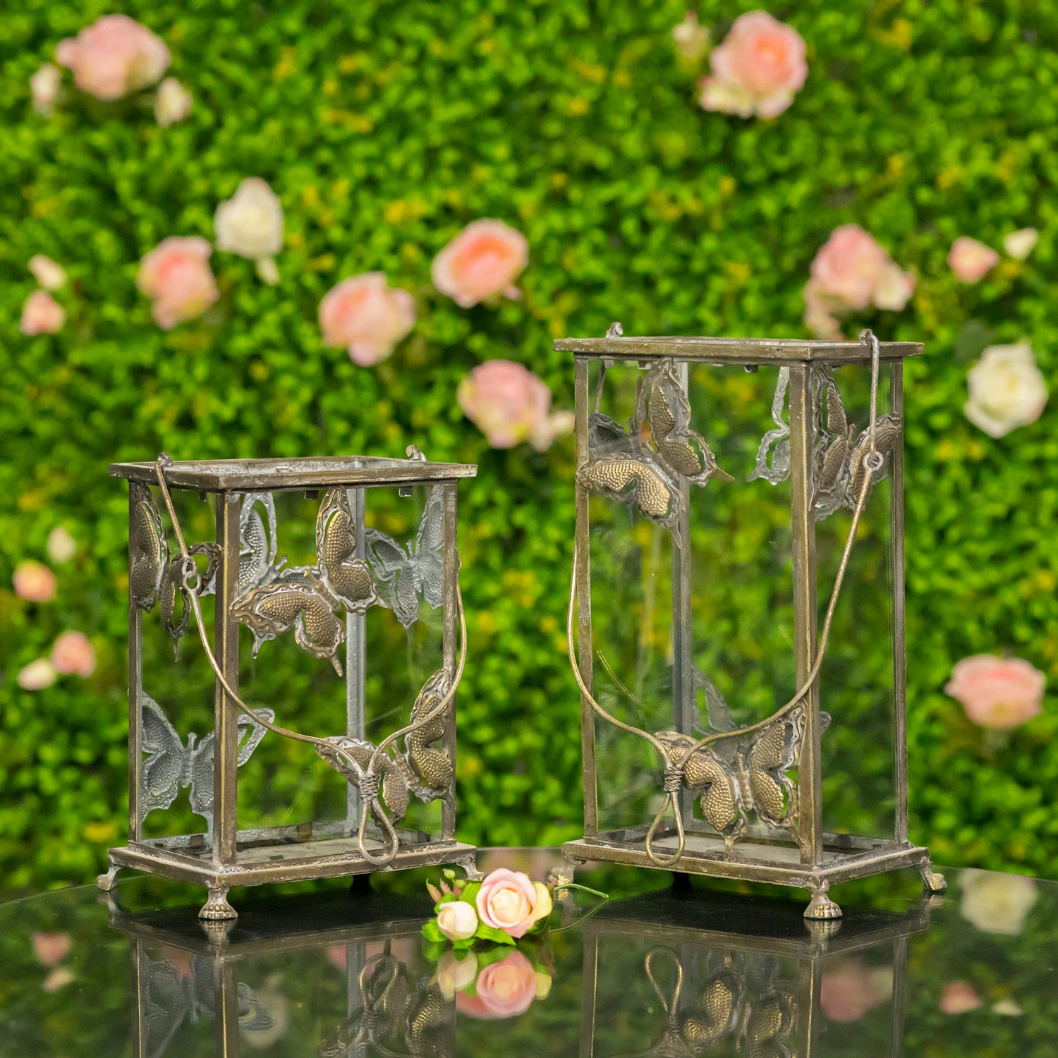 Set of 2 Rectangular Glass Butterfly Lanterns in Frosted Gold