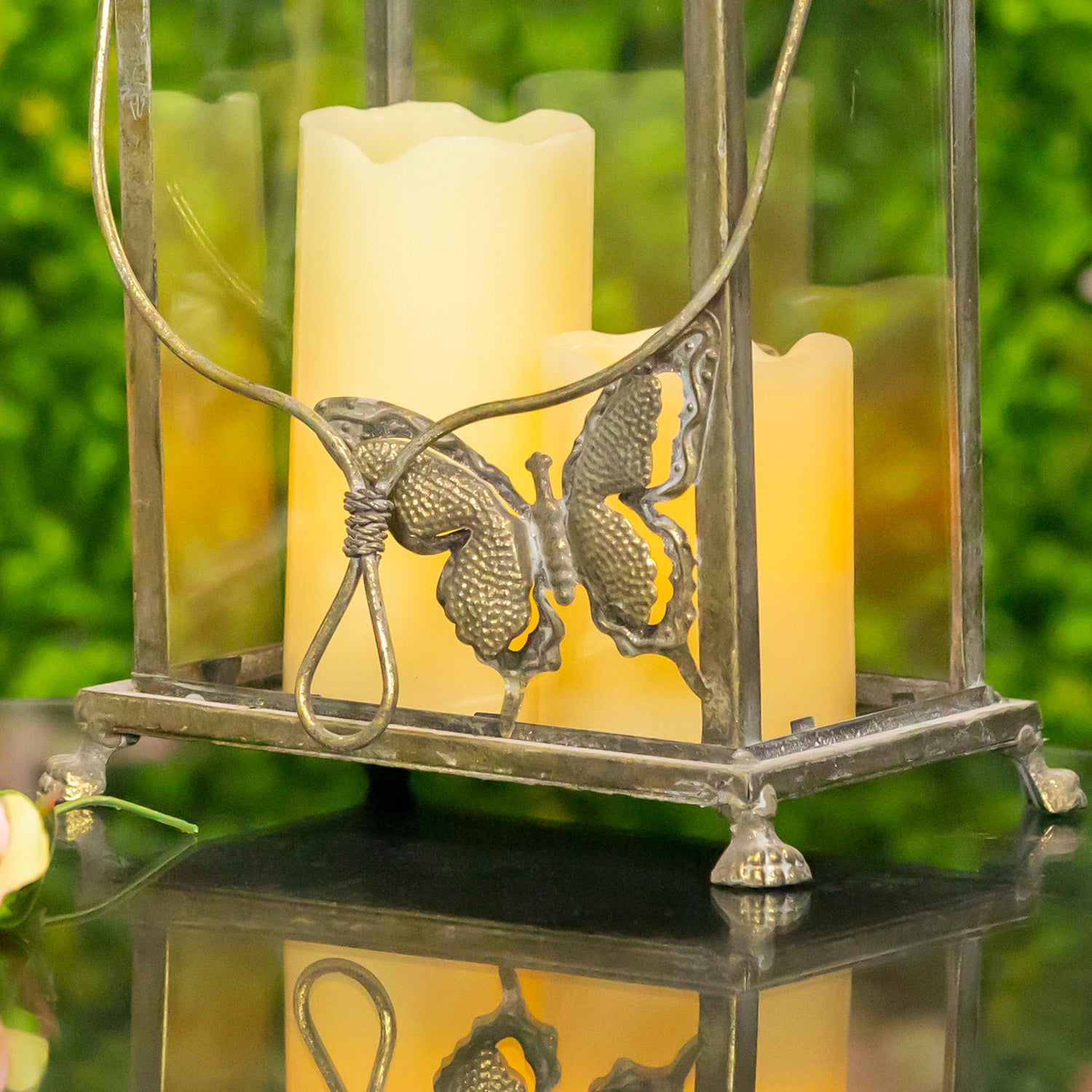 Set of 2 Rectangular Glass Butterfly Lanterns in Frosted Gold
