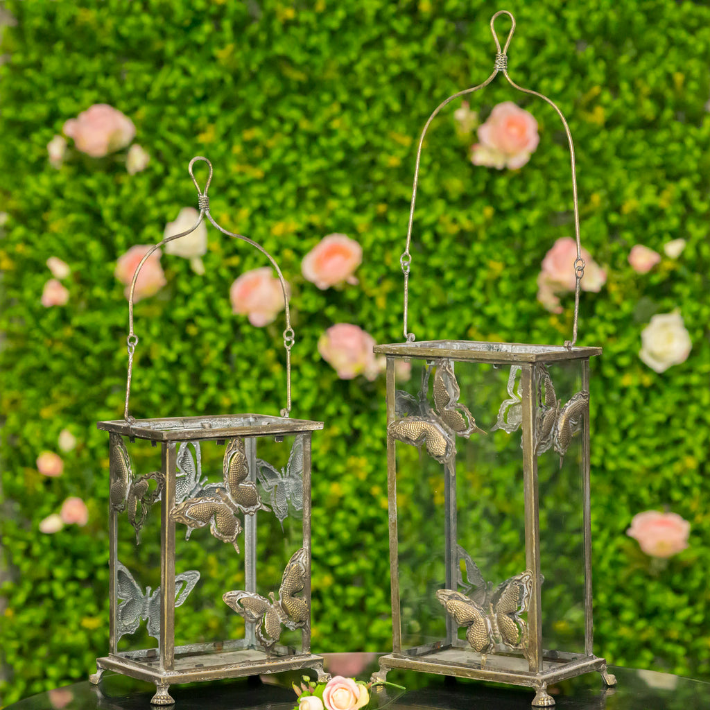 Set of 2 Rectangular Glass Butterfly Lanterns in Frosted Gold