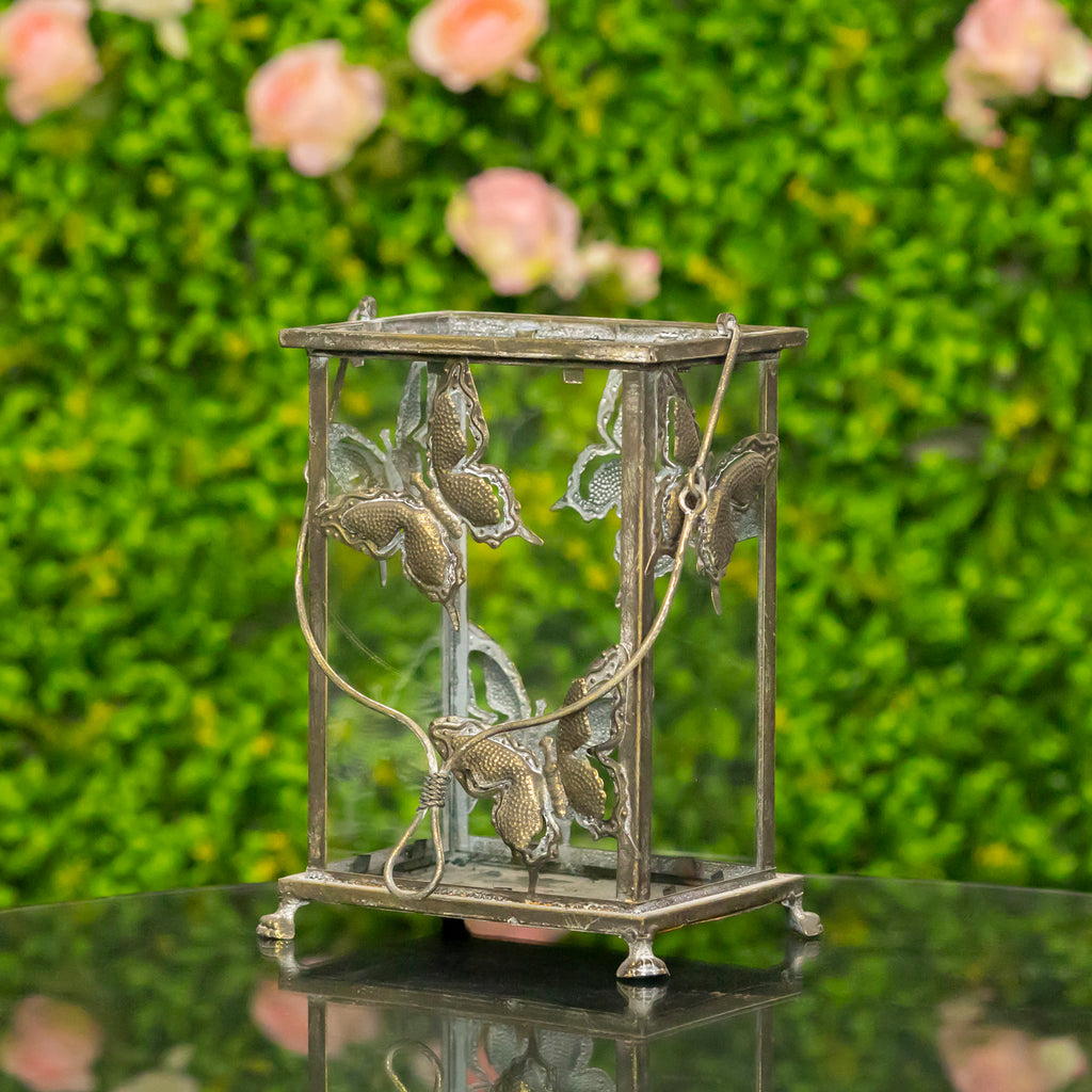Set of 2 Rectangular Glass Butterfly Lanterns in Frosted Gold