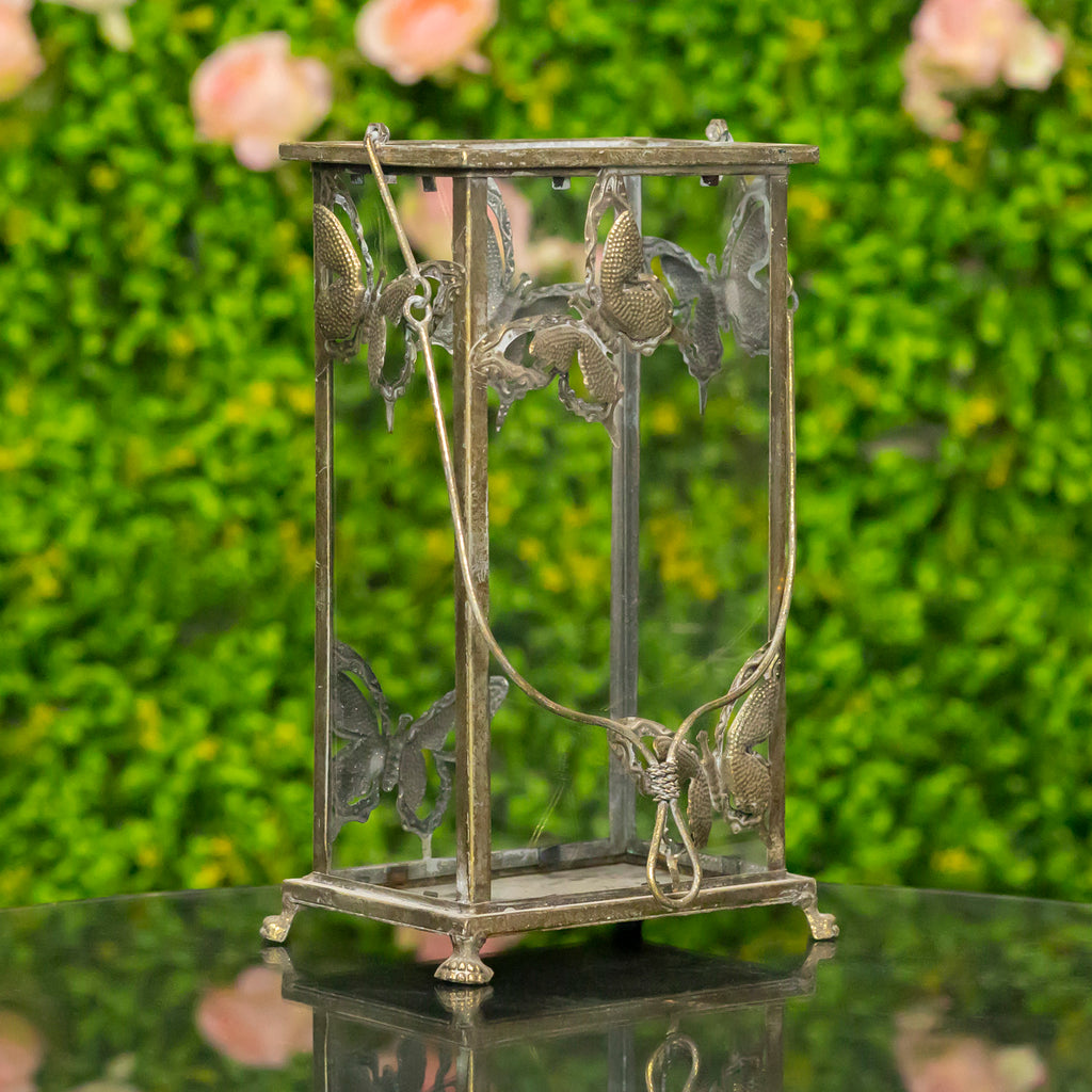 Set of 2 Rectangular Glass Butterfly Lanterns in Frosted Gold