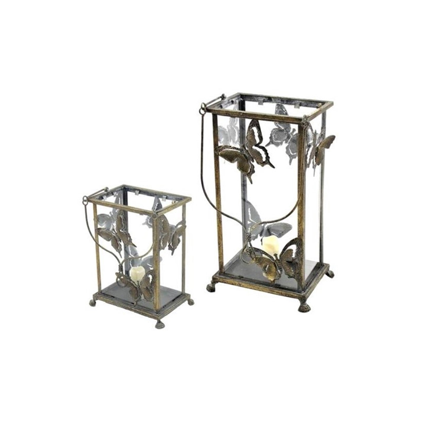 Set of 2 Rectangular Glass Butterfly Lanterns in Frosted Gold