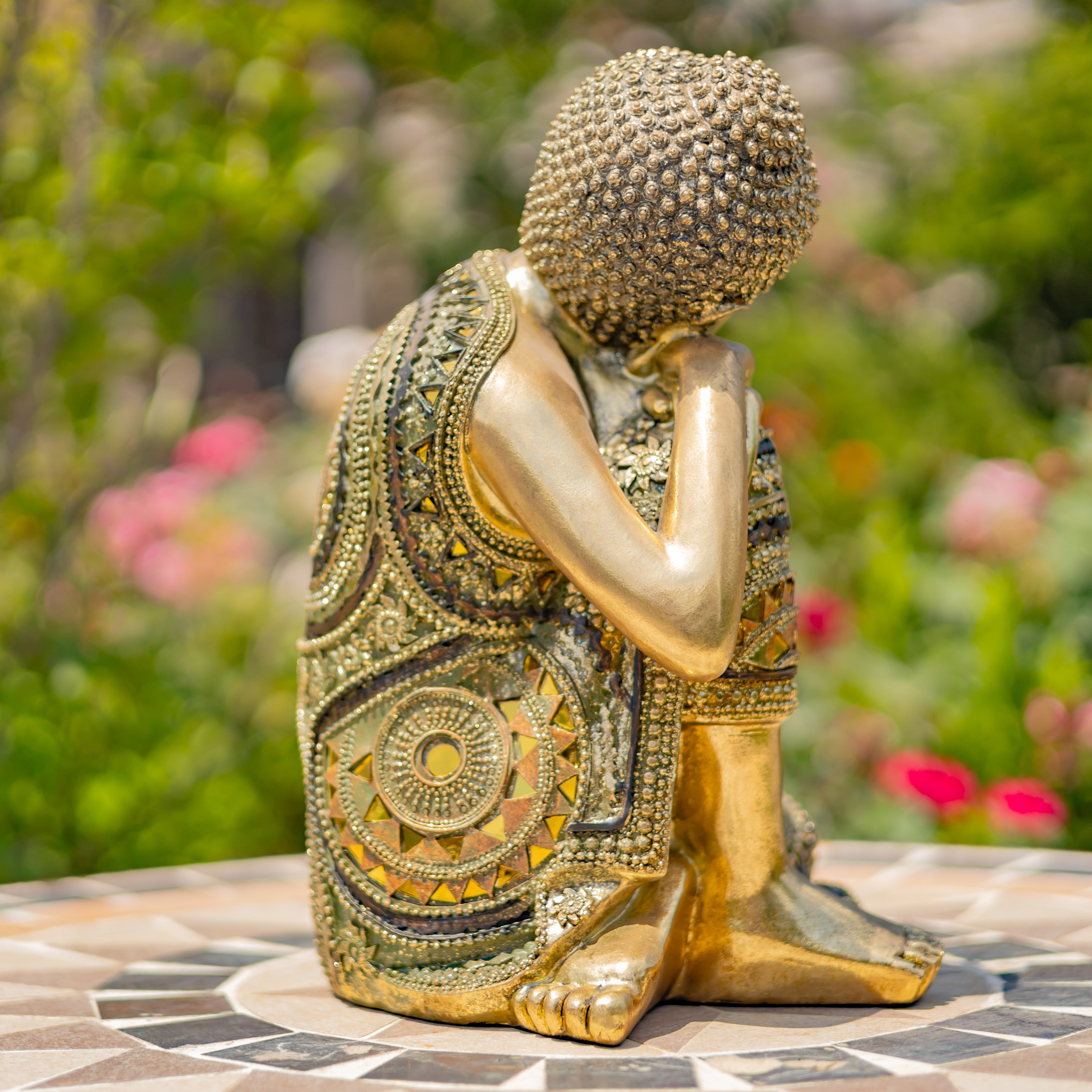 13.8" Tall Frosted Gold Polyresin Thinking Buddha Idol Statue Item #: ZR920300