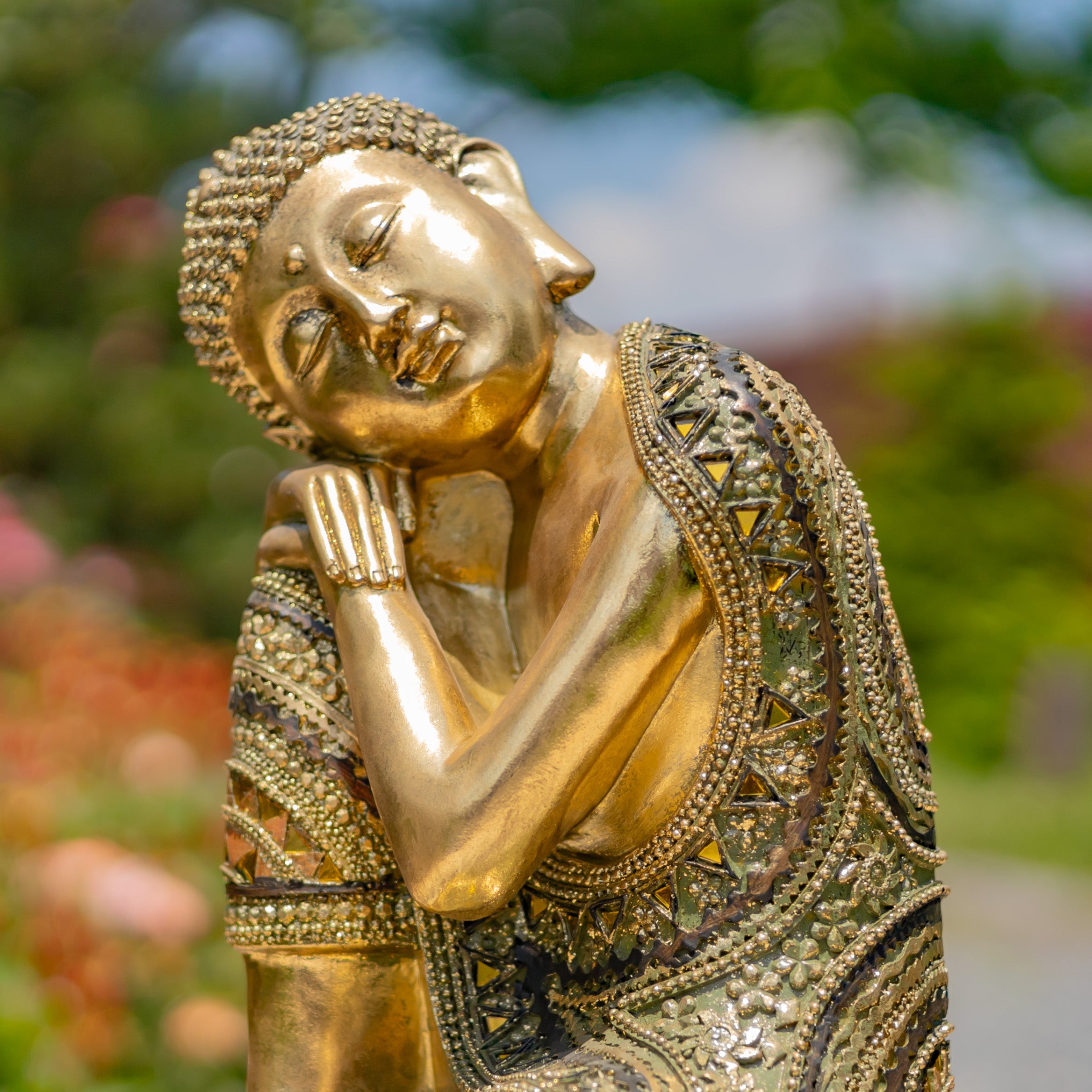 13.8" Tall Frosted Gold Polyresin Thinking Buddha Idol Statue Item #: ZR920300