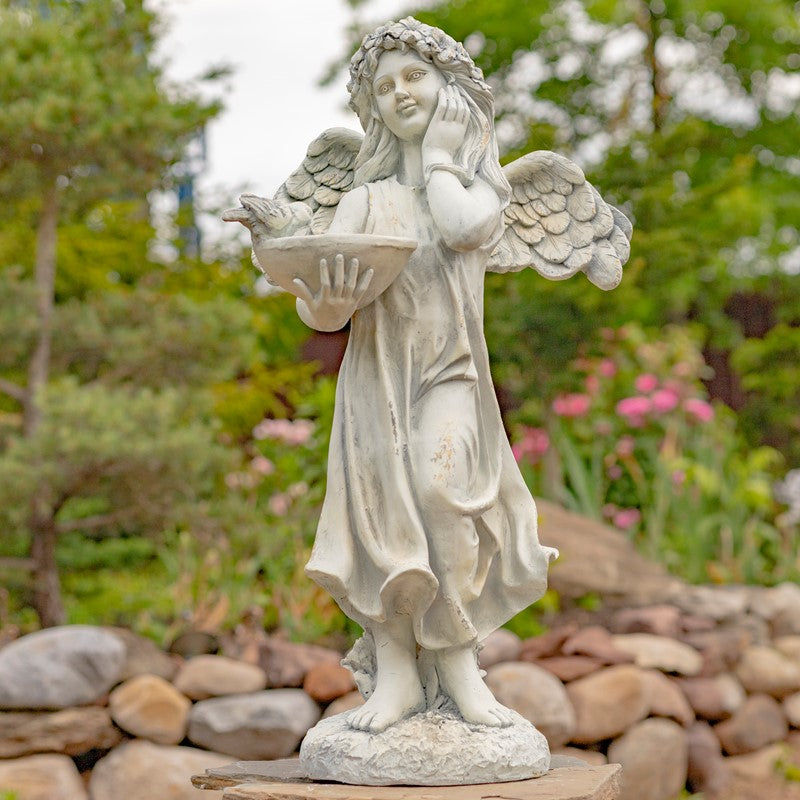 39" Tall Magnesium Angel Statue with Birdbath in Antique White "Jazmin" Item #: ZR341439-AW