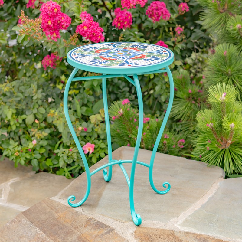 "Baton Rouge" 22in. Tall Mosaic Pedestal Plant Stand - Blue/Green/Red Item #: ZR850915