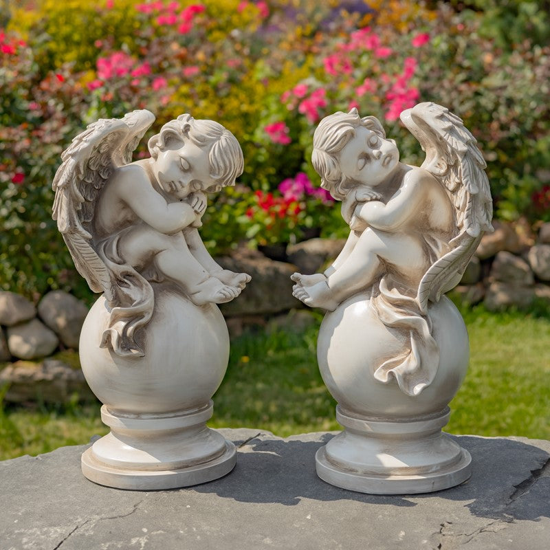 Set of Two 21" Tall Cherubs Sitting on Globe Pedestals "Yael & Cael" Item #: ZR200707-SET