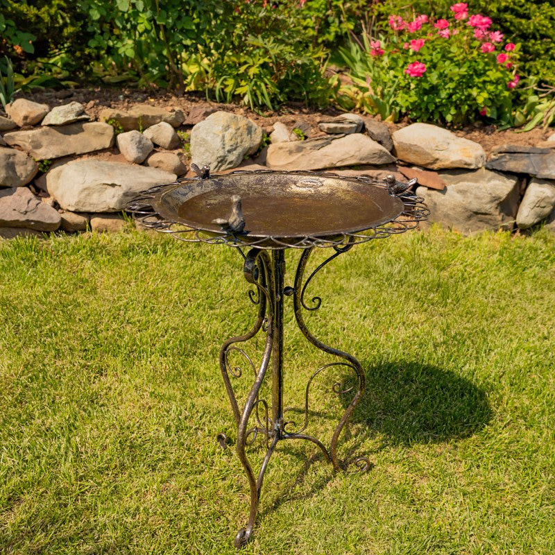 28.75" Tall Ornate Iron Birdbath with 3 Small Birds in Frosted Gold "Stephania" Item #: ZR220411-FG/ Copper Bronze : Item #: ZR220411-CB