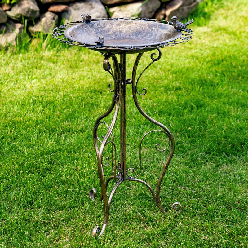 28.75" Tall Ornate Iron Birdbath with 3 Small Birds in Frosted Gold "Stephania" Item #: ZR220411-FG/ Copper Bronze : Item #: ZR220411-CB